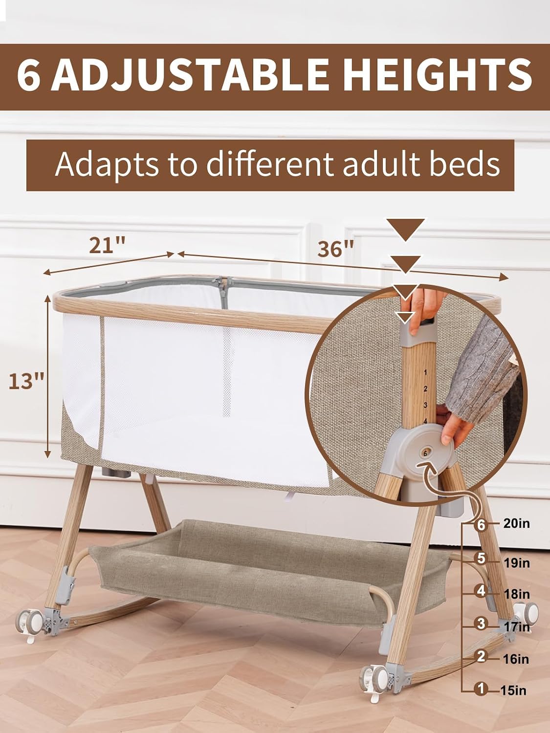 Thumbnail 5 de Jestonten QQ001A Baby Bassinet with 6 Height Settings and Waterproof Sheet