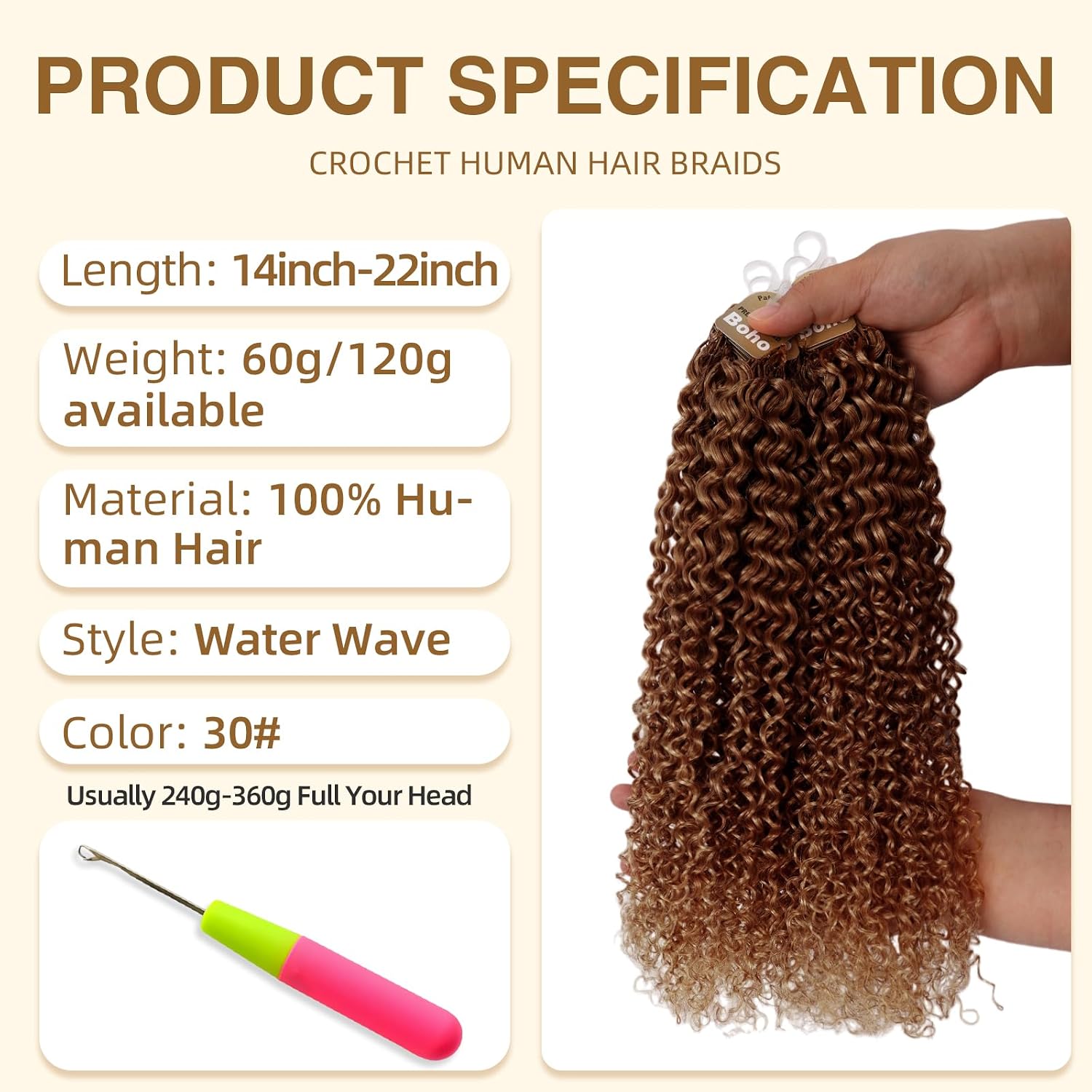 Detalle 2 de Human Crochet Hair for Black Women — 18 Inch Water Wave Bundles, Pre-Separated 50 Strands, 60g, Knotless Invisible Miracle Knots