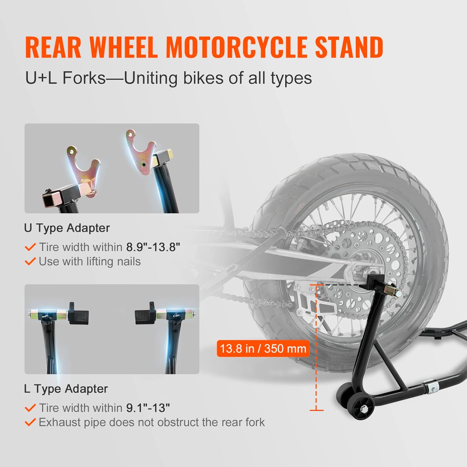 Detalle de Vevor Motorcycle Stand Lift 850 lb Front/Rear Combo (Front Wheel Fork + Rear Swingarm Spool)