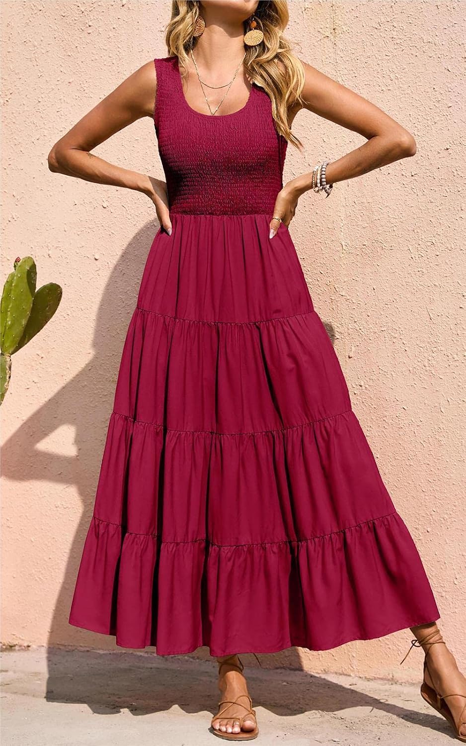 Detalle de PRETTYGARDEN Women's 2026 Casual Maxi Sundress with Smocked Tank, Sleeveless, Tiered Long Dress