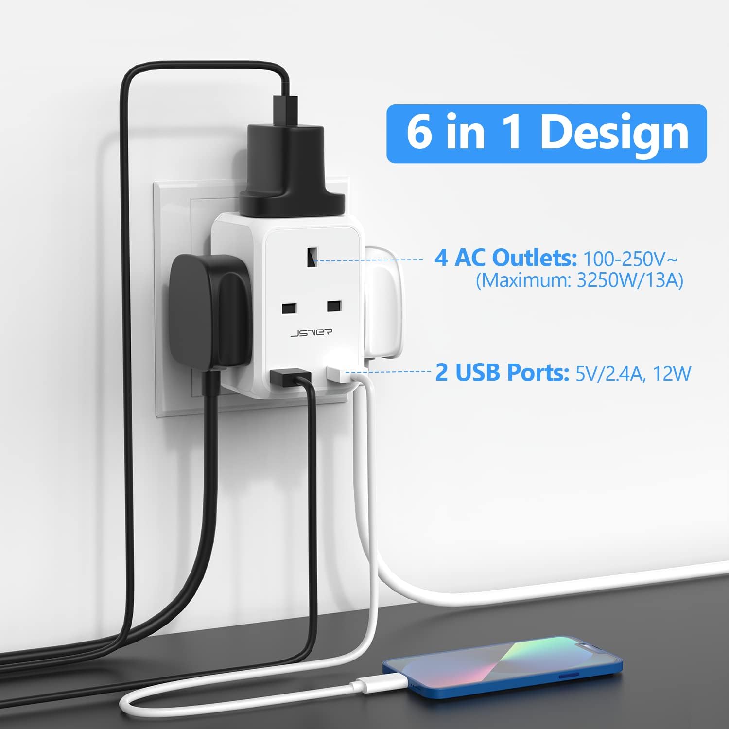 Thumbnail 2 de JSVER 4 Way Plug Adapter 13A with 2 USB Ports 🔌