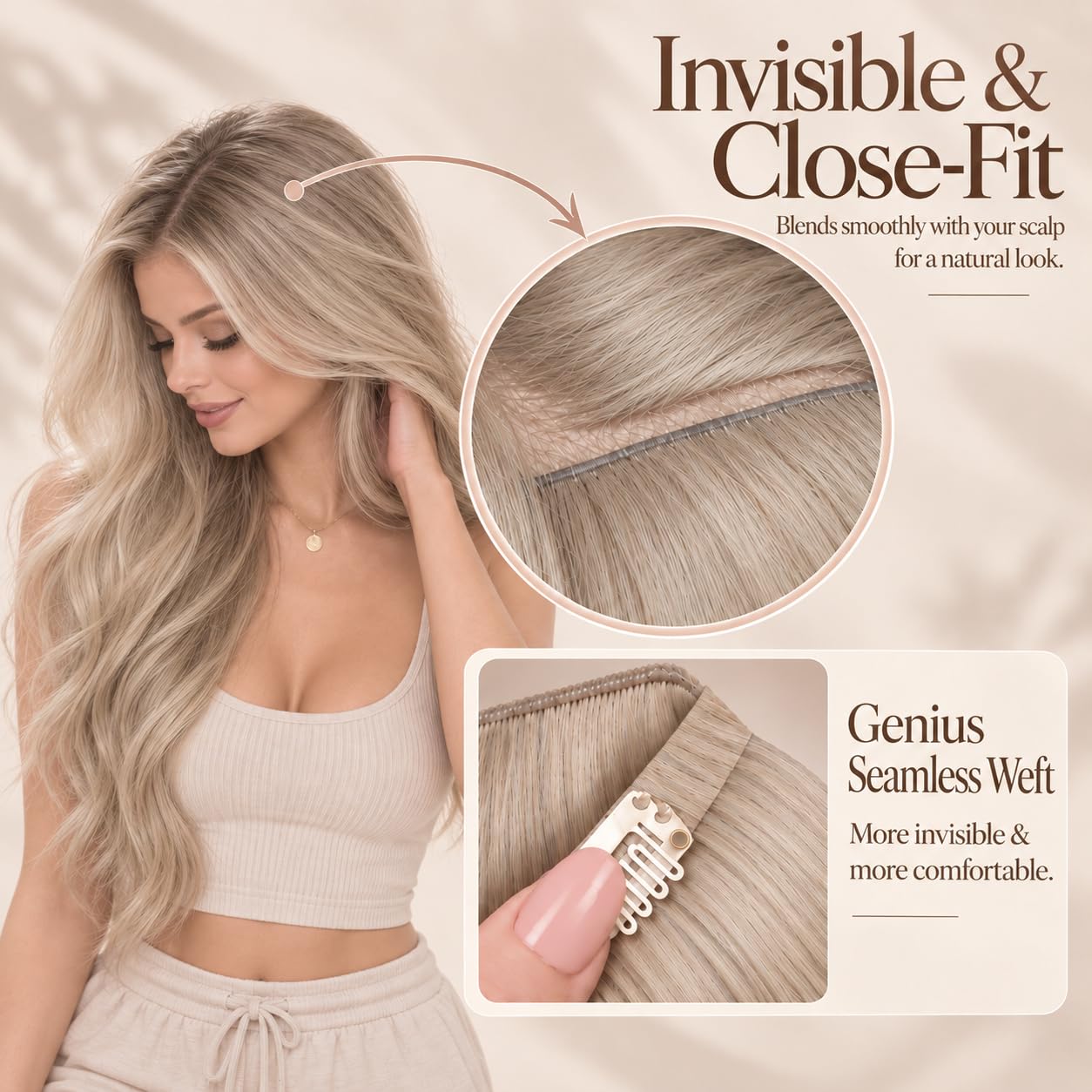 Detalle 2 de Ve Sunny Hair Extensions Real Human Hair 24 Inch Genius Clip-In Extensions in Platinum Blonde