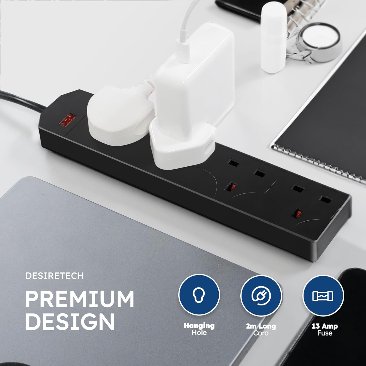 Thumbnail 2 de DESIRETECH Black 4-Gang 2m UK Plug Extension Lead