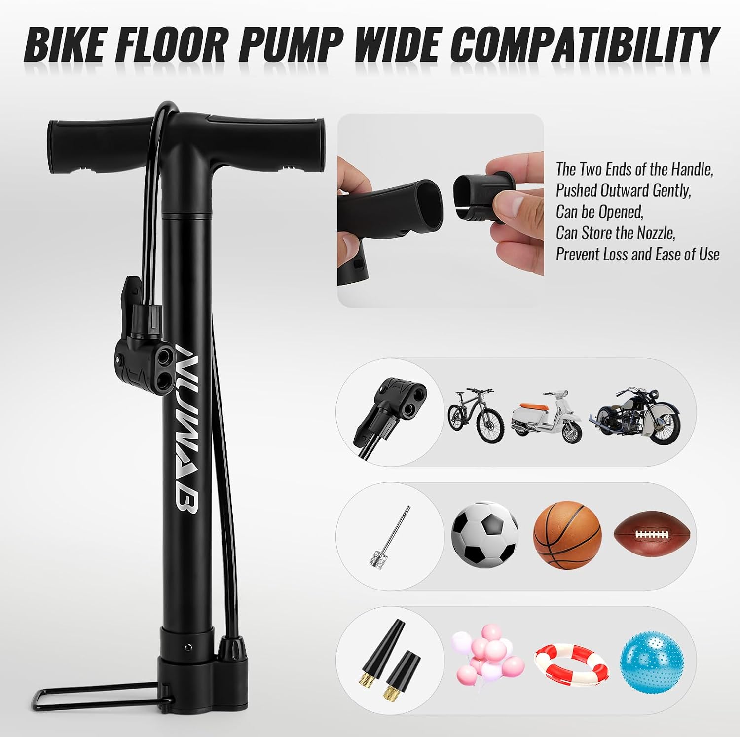 Detalle de NUWAB Bike Floor Pump: Portable, Wide-Valve Compatibility for Bikes, Balls and More