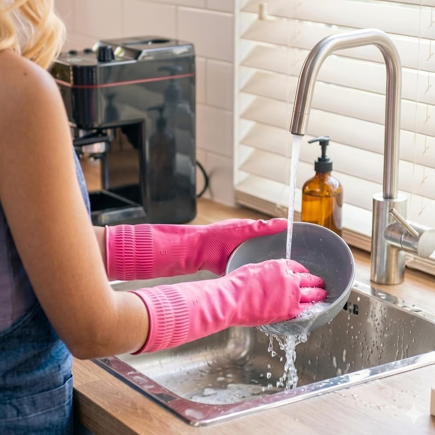 Detalle de Gennethly Rubber Dishwashing Gloves — Reusable, Long Cuff for Kitchen Cleaning