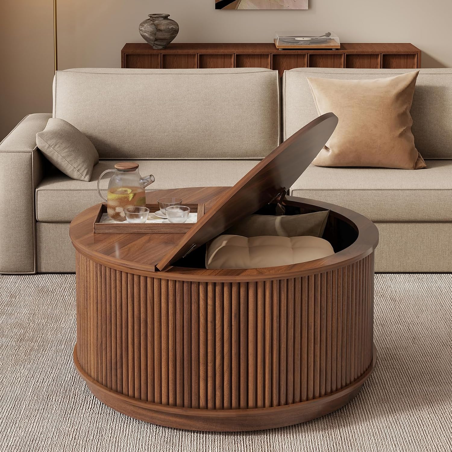 Detalle de LYNCOHOME LHCF172-WN Round Coffee Table, Walnut, Fluted Design with Hidden Storage