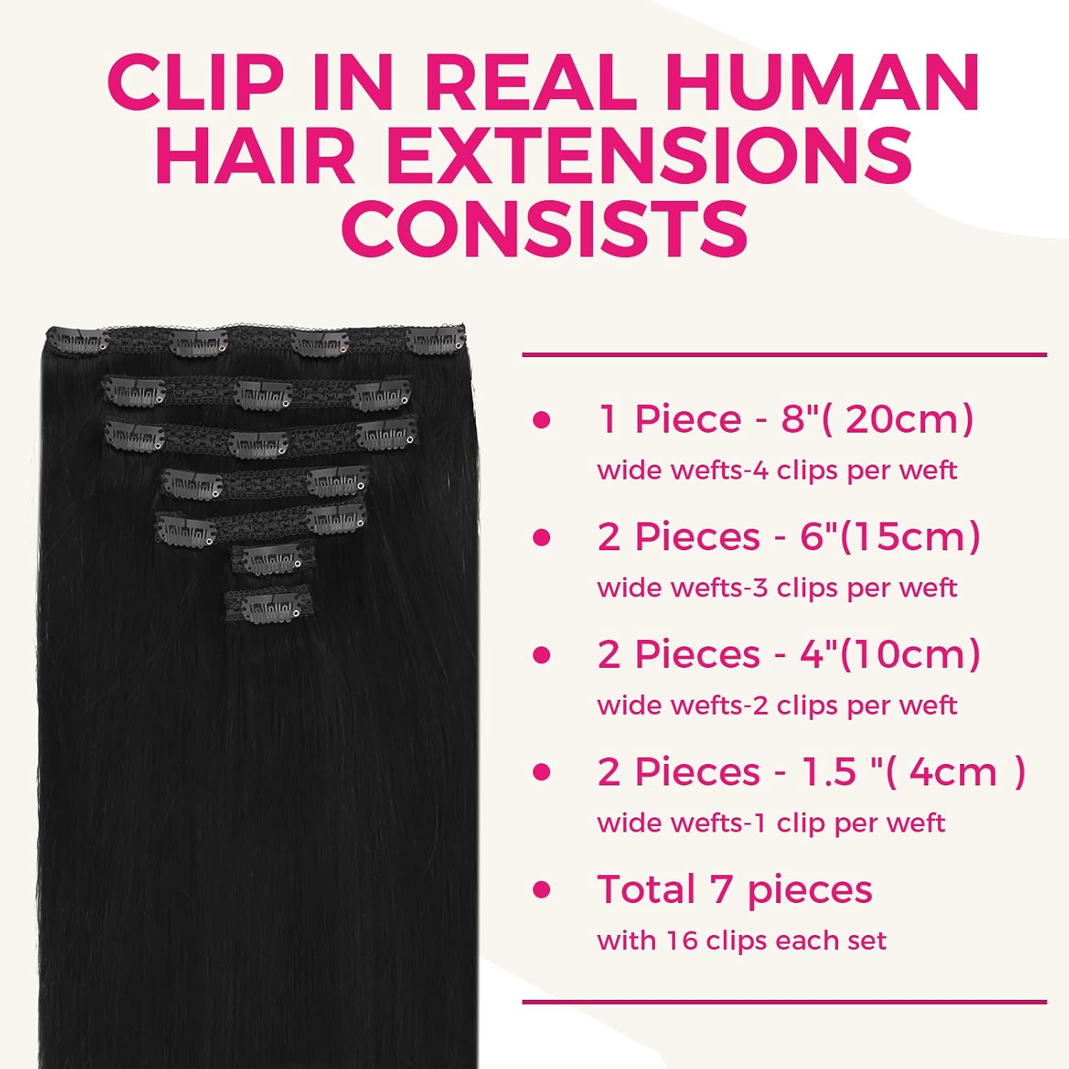 Detalle de Lashey 12-Inch Clip-In Human Hair Extensions, 7-Piece, 120g, Jet Black