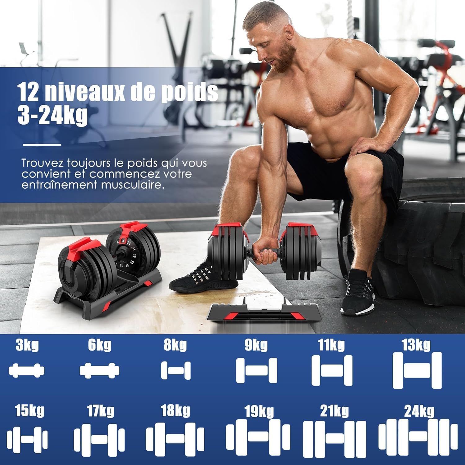 Thumbnail 2 de DH FitLife 24 kg : haltères réglables de 3 à 24 kg (12 niveaux) avec système d’autoblocage