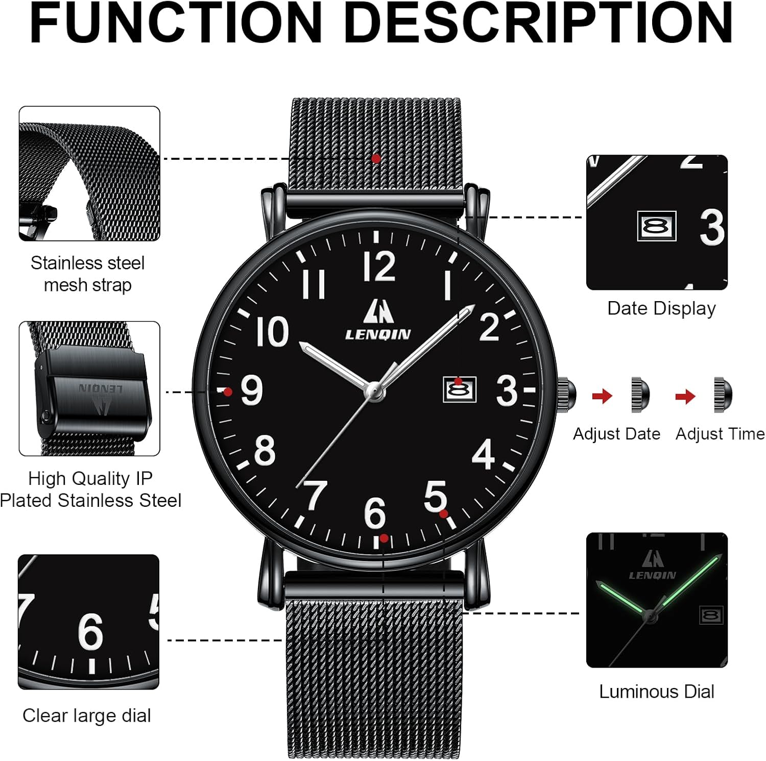 Detalle 2 de LENQIN Herren Uhr Edelstahl Analog Quarz 30 M Wasserfest
