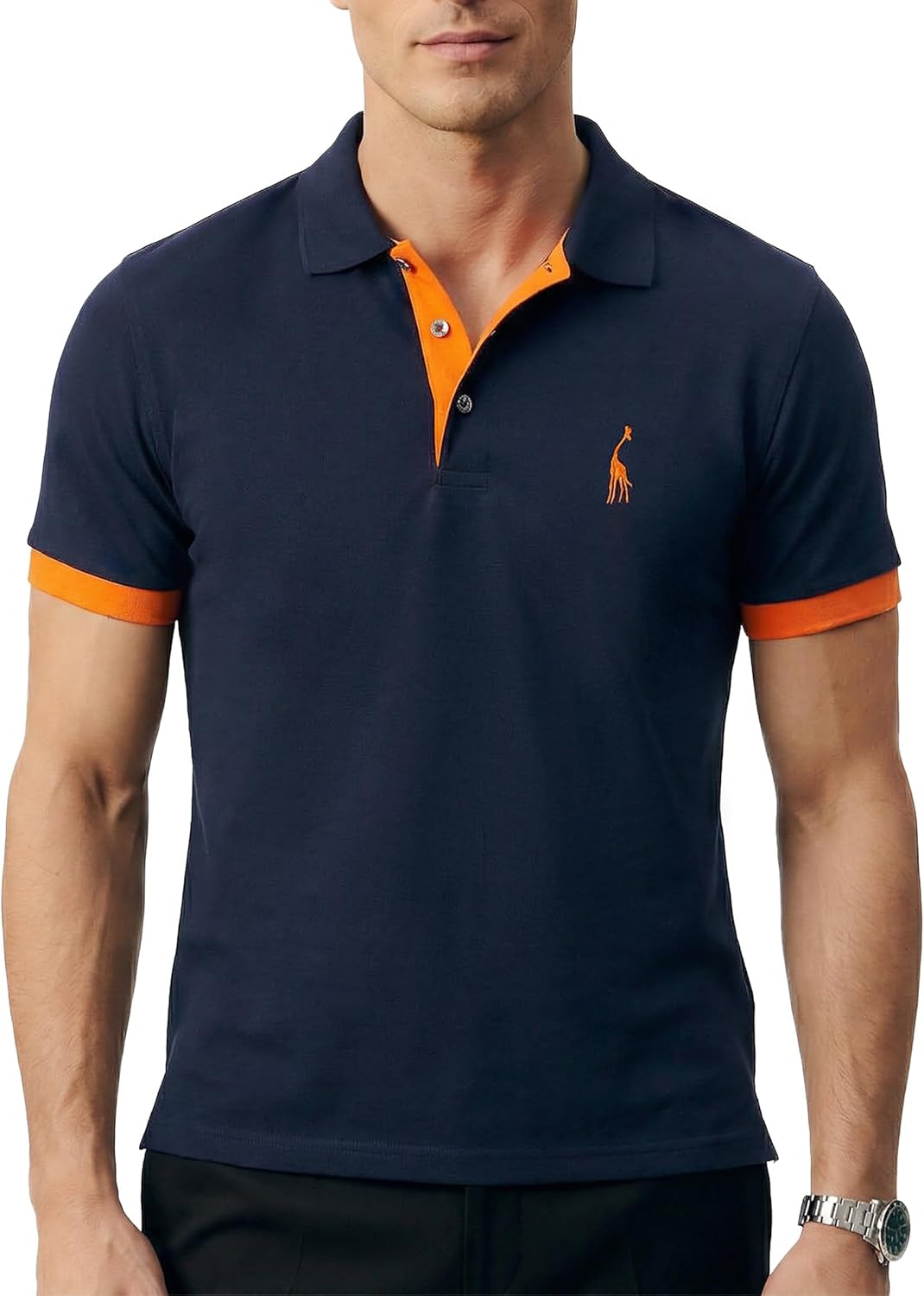 Detalle 2 de GLESTORE Herren Poloshirt mit Giraffenstickerei – Kurzarm, Baumwolle-Elastan, ideal für Sommer & Golf