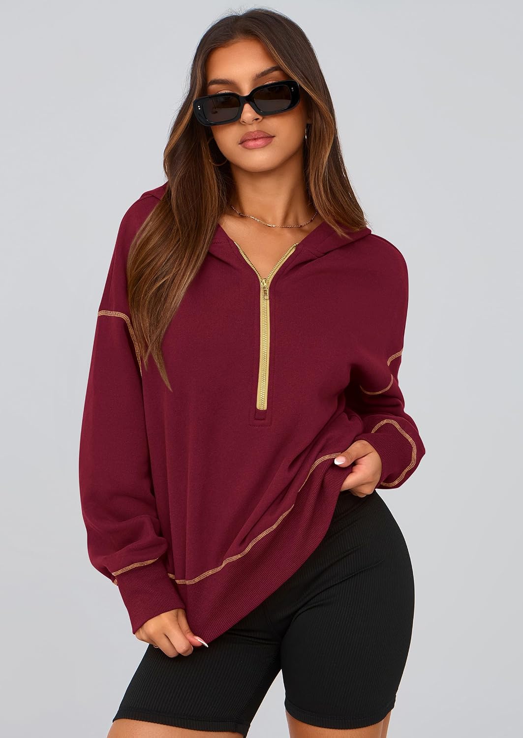Detalle de PRETTYGARDEN Pr785 Cropped Hoodie, Half-Zip Fleece-Lined Pullover