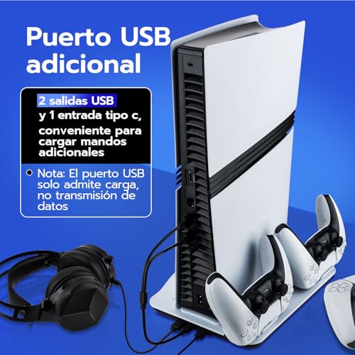 Detalle 2 de Mcbazel Base de Carga y Refrigeración para PS5/PS5 Pro: estación con 3 ventiladores, carga de mandos y iluminación LED (Blanco)