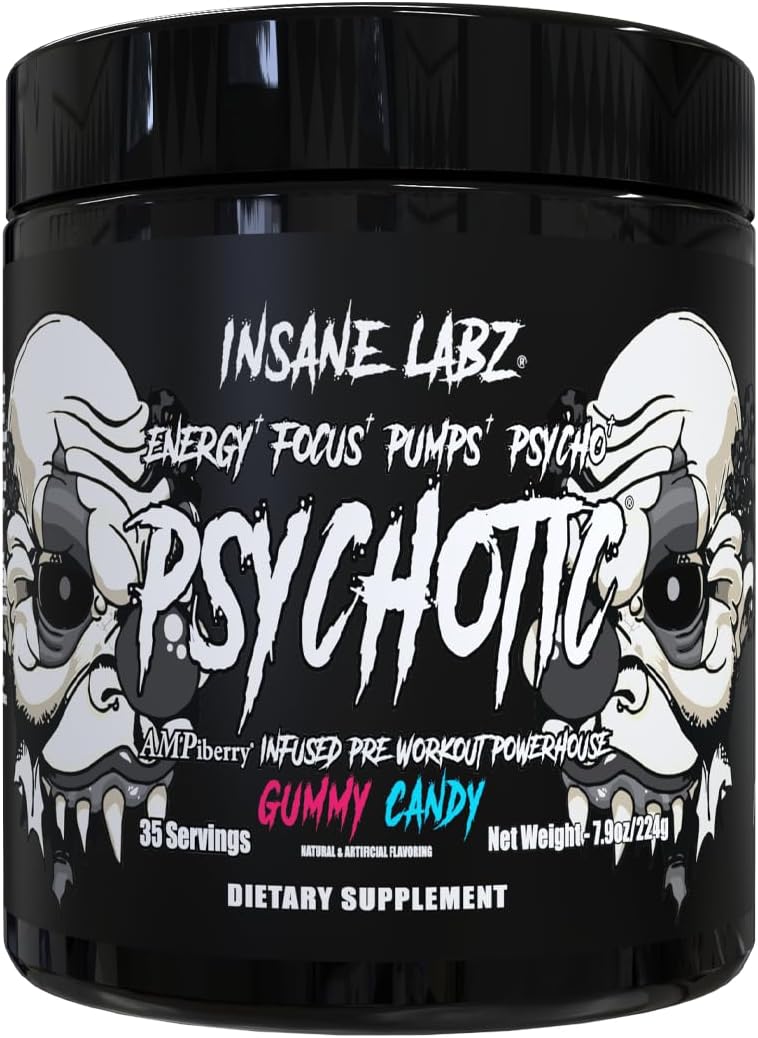 Detalle de Insane Labz Psychotic Black Edition Mid-Stimulant Pre-Workout Powder, Gummy Candy, 35 Servings