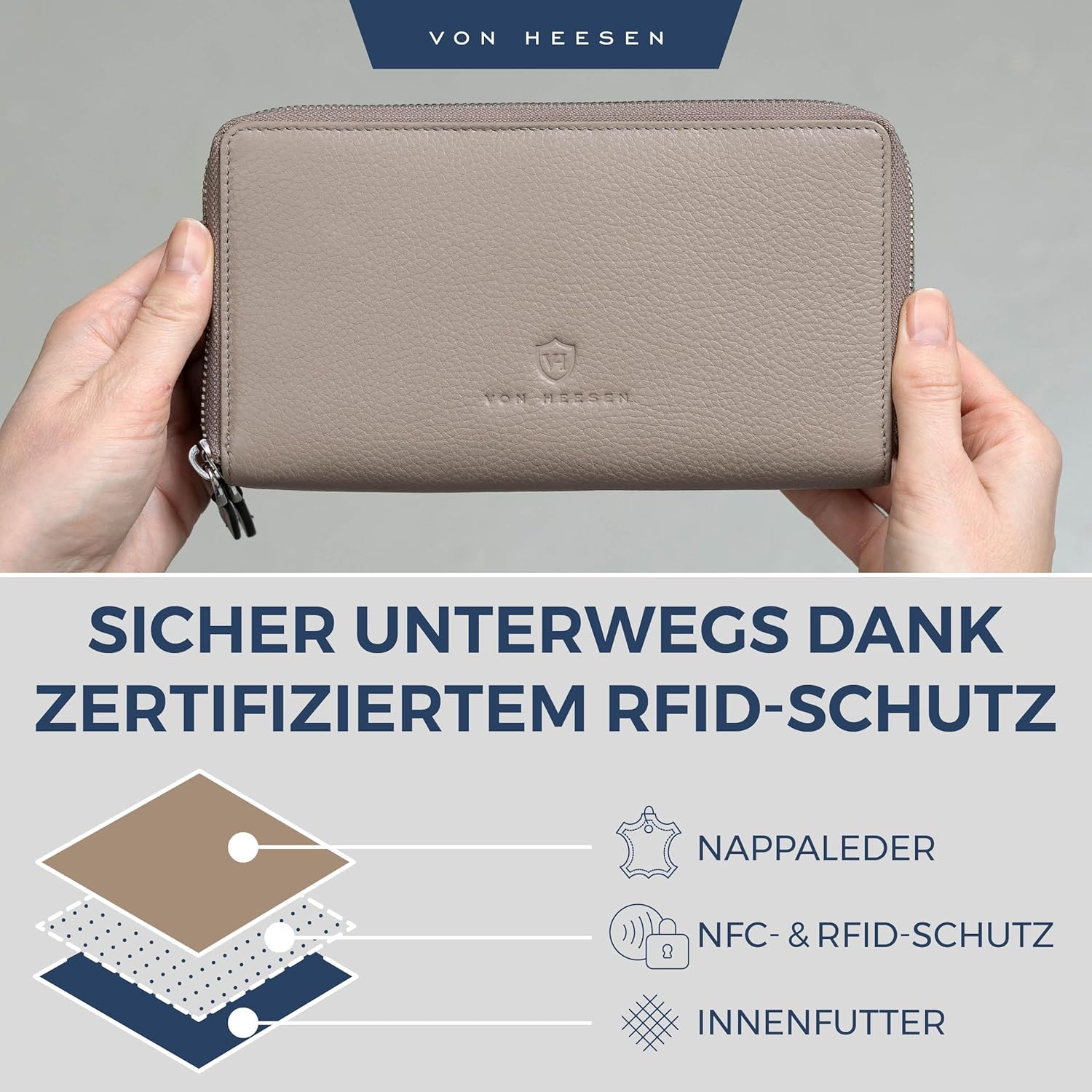 Thumbnail 2 de VON HEESEN Leder Geldbörse mit RFID-Schutz – Portemonnaie aus echtem Nappaleder mit Münzfach in Taupe
