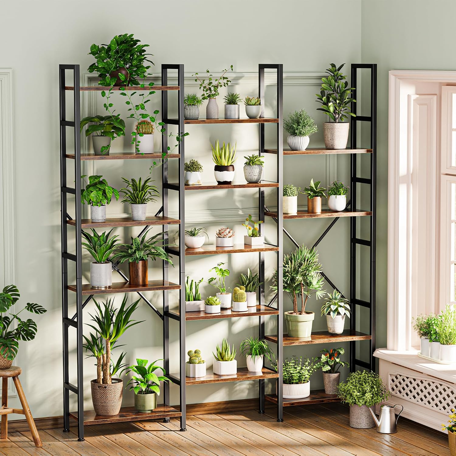 Detalle de SUPERJARE ABC003Z Triple Bookshelf, 17 Adjustable Shelves, 6-Tier Brown