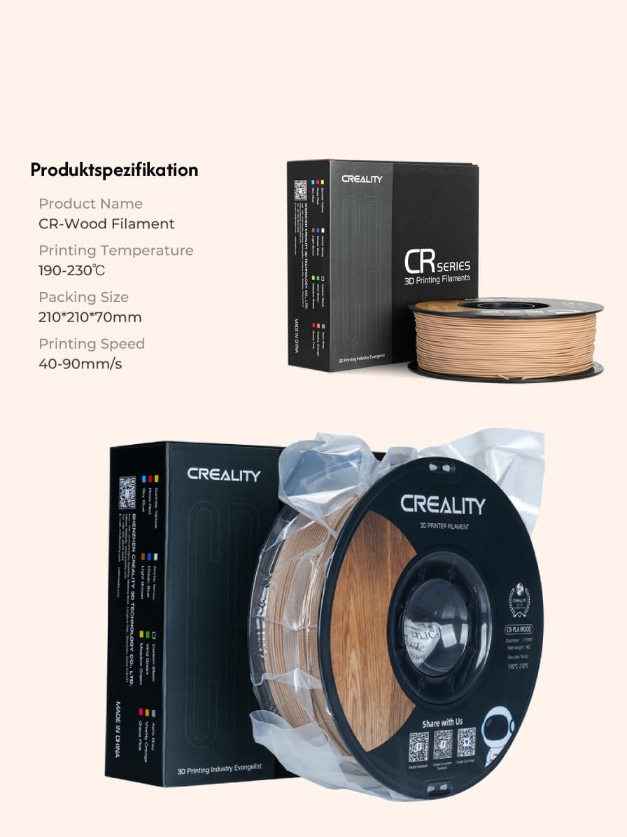 Thumbnail 6 de Creality Holzfilament 1,75 mm – CR PLA mit natürlicher Holztextur, 1 kg Spule, matte Oberfläche, ±0,02 mm Maßhaltigkeit