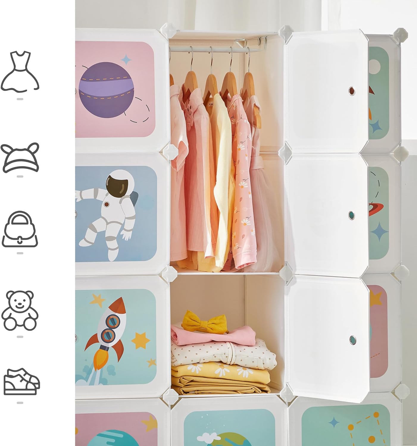 Detalle de SONGMICS Armadio modulare per bambini con 16 scomparti e 4 barre appendiabiti (LPC905W01), bianco