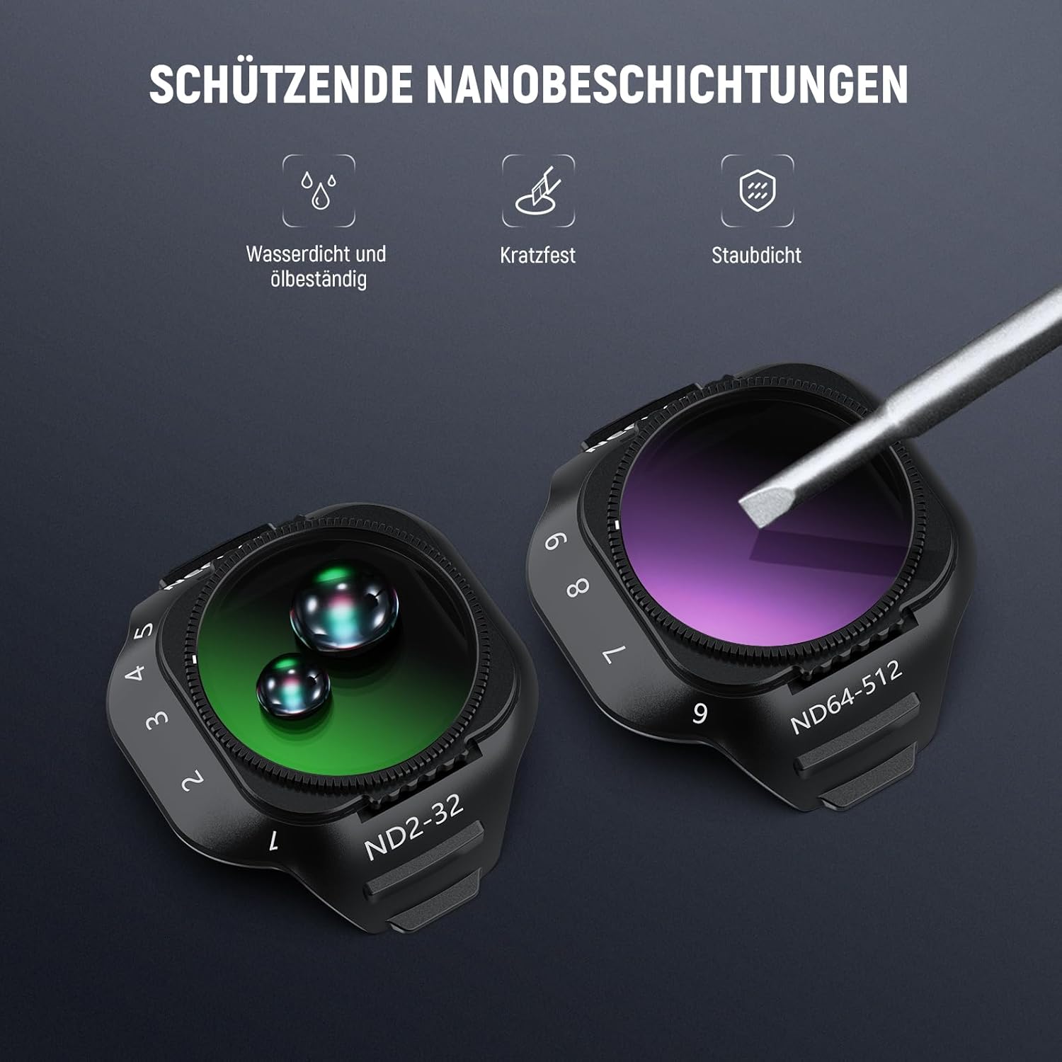Thumbnail 6 de NEEWER Variabler ND Filter Set für DJI Mini 5 Pro (ND2-32 + ND64-512) im 2er-Pack – Snap-on, optisches Glas