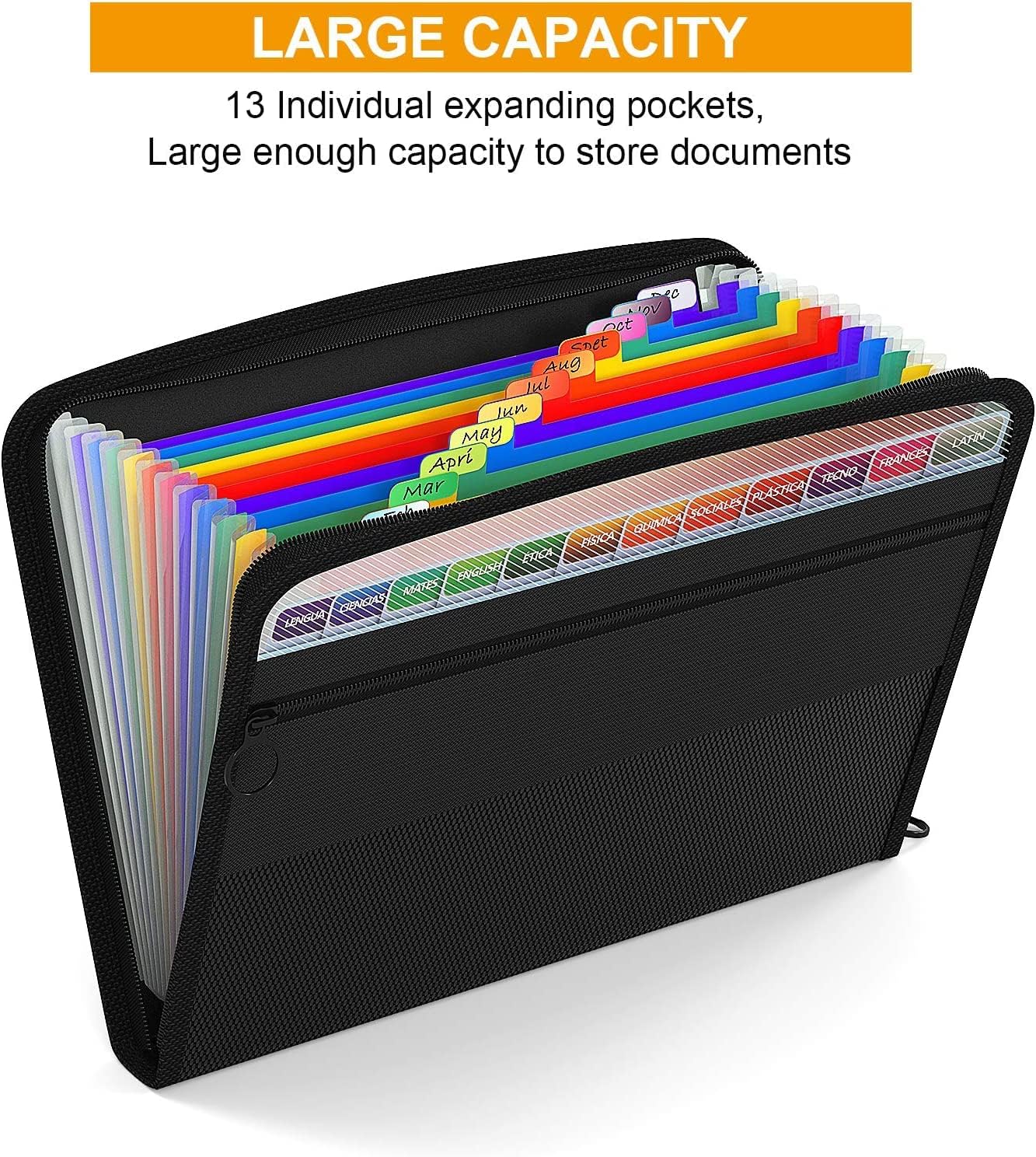 Thumbnail 1 de ABC life Expanding File Organiser with Mesh Bag & Zipper Closure (A4, 13 pockets) – Rainbow accordion folder, black