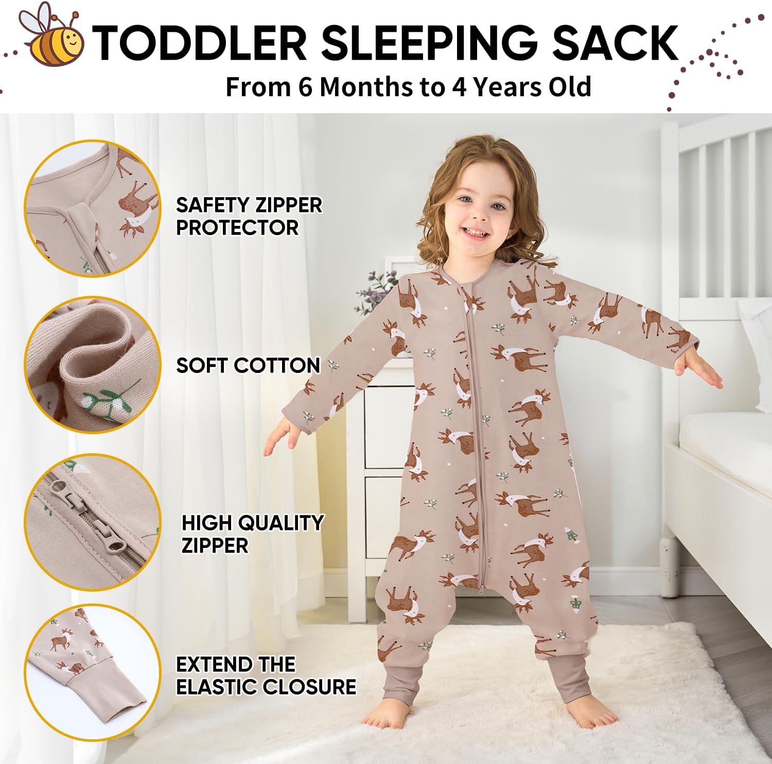 Detalle de Baby Schlafsack Sommer mit Füßen 0,5 Tog – 100% Baumwolle, lange Ärmel, Füße – ideal für Frühling bis Herbst