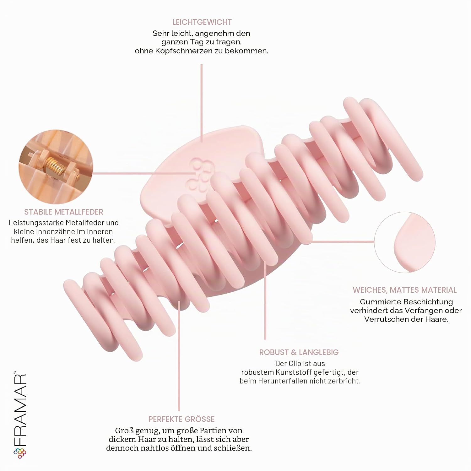 Detalle de FRAMAR Rosa Groß Haarklammern – XXL Klammer für dickes Haar, matte Oberfläche, Haarschmuck für Damen