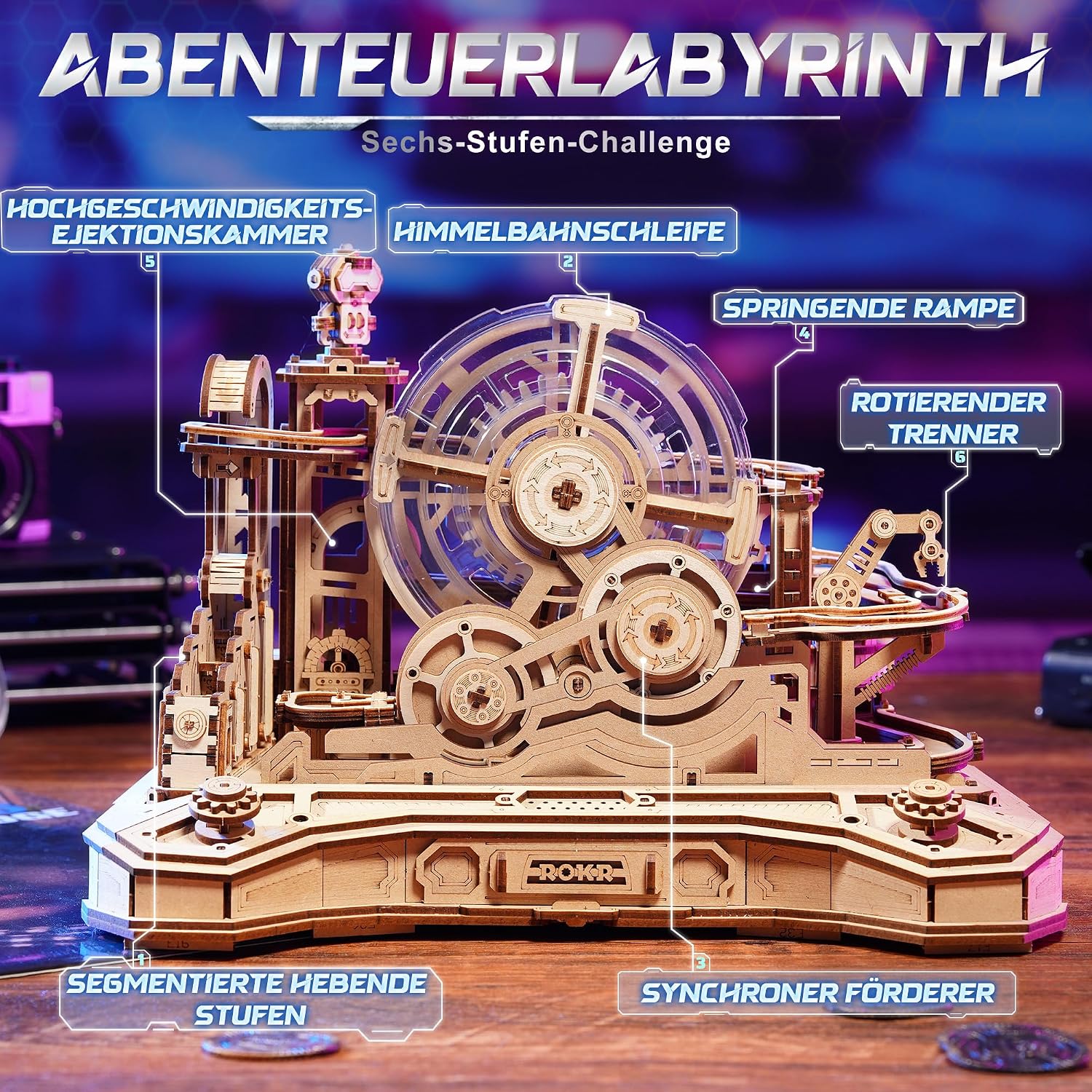 Detalle de ROKR 3D Puzzle Holz Kugelbahn Modellbausatz für DIY-Rennen (Gear Ball Challenge, 653-teilig)