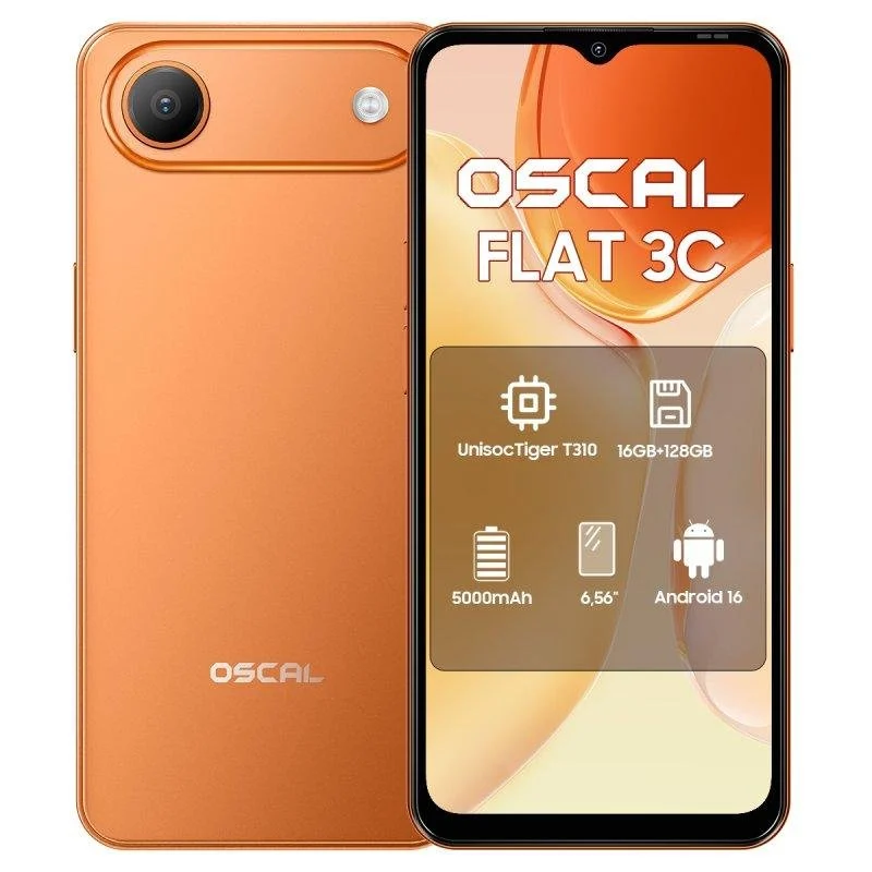 Detalle de OSCAL Flat 3C 4G, 4GB/128GB, 6.56" Naranja: autonomía y practicidad para uso diario