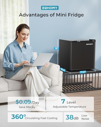 Detalle de EUHOMY 46L Mini Fridge: Compact Table Top Fridge with Reversible Door, 7-Level Thermostat and Quiet Performance