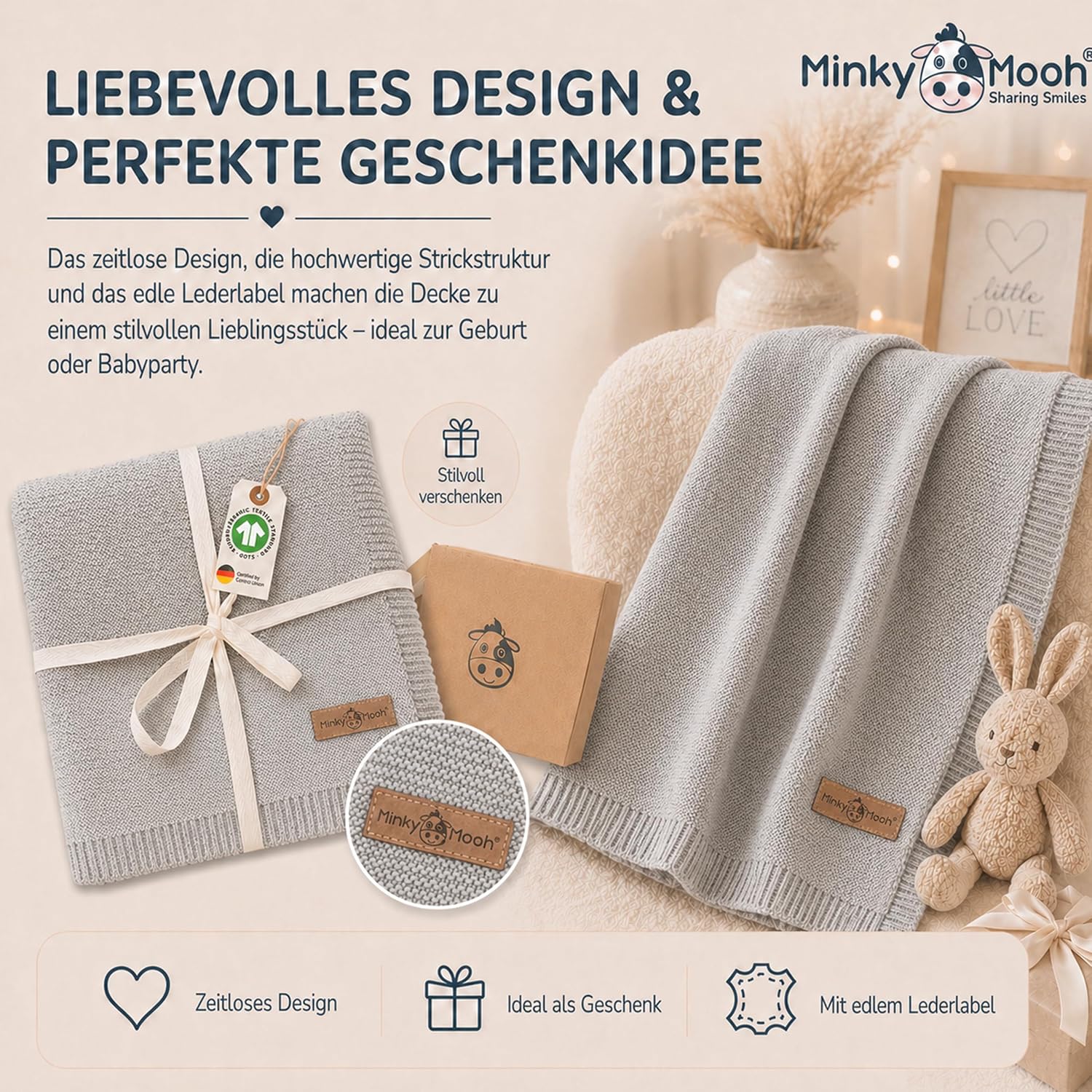 Thumbnail 6 de Minky Mooh® Babydecke aus 100% Bio-Baumwolle, 94x72 cm, grau – Kuscheldecke für Neugeborene