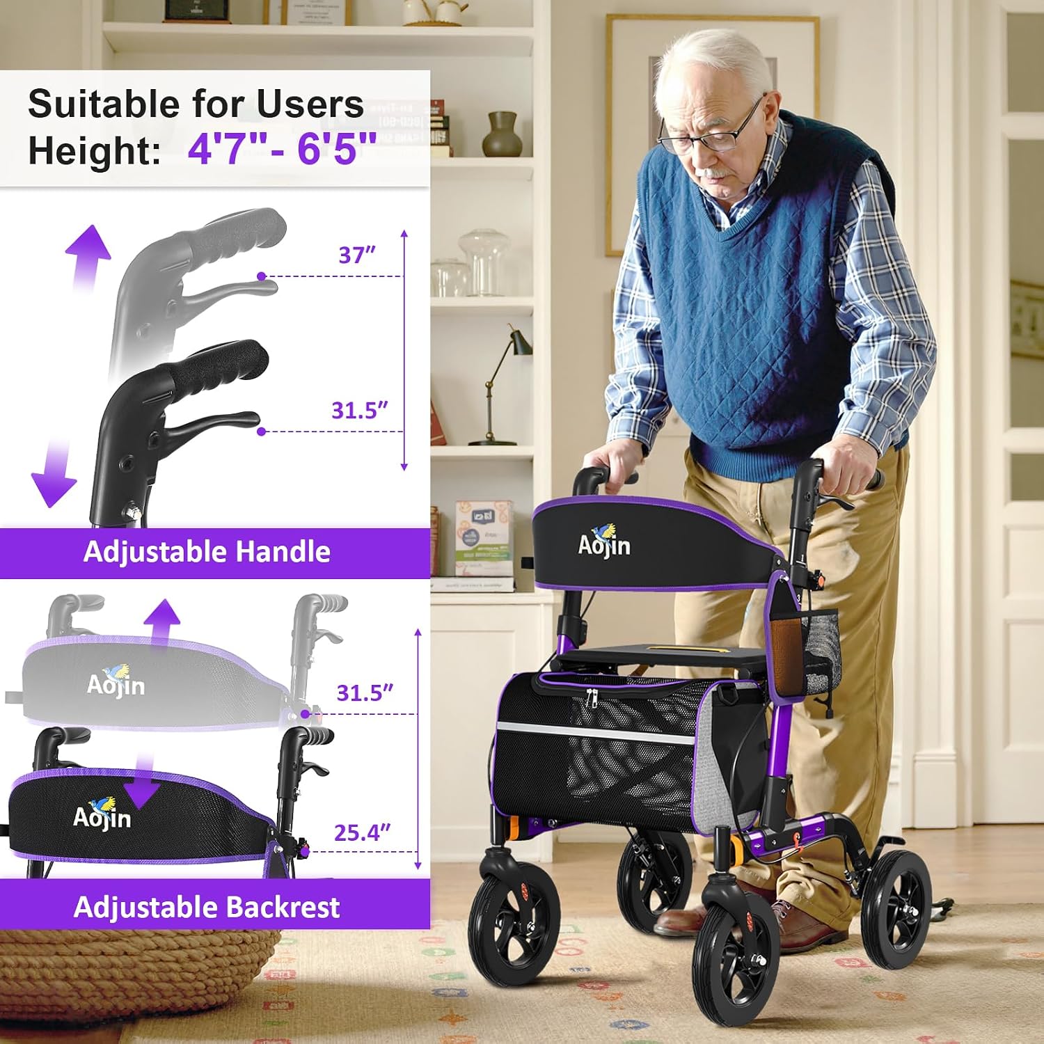 Detalle 2 de Walkers for Seniors Rollator with Seat 350 lb Capacity 🟪