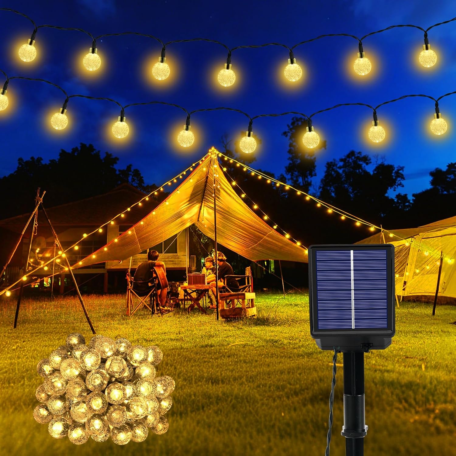 Detalle de Goffii Lichterkette Außen Solar wetterfest – 60 LED Warmweiß, 3 m Kabel + 10,2 m Lichterkette, IP65, 8 Modi