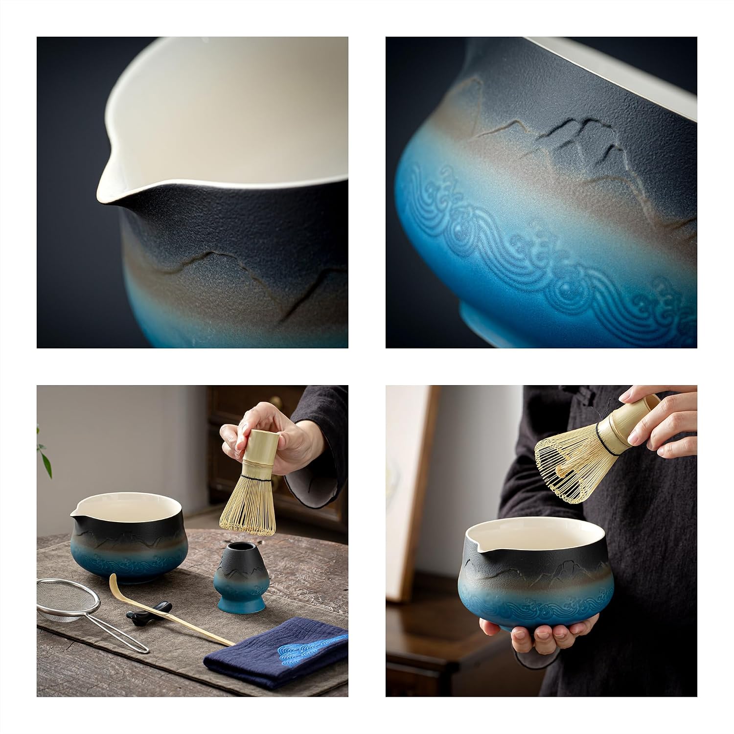 Detalle 2 de TEANAGOO Matcha-Set (7-teilig) mit Bambusbesen, Chawan und Sieb – Marineblaues Farbverlauf-Design