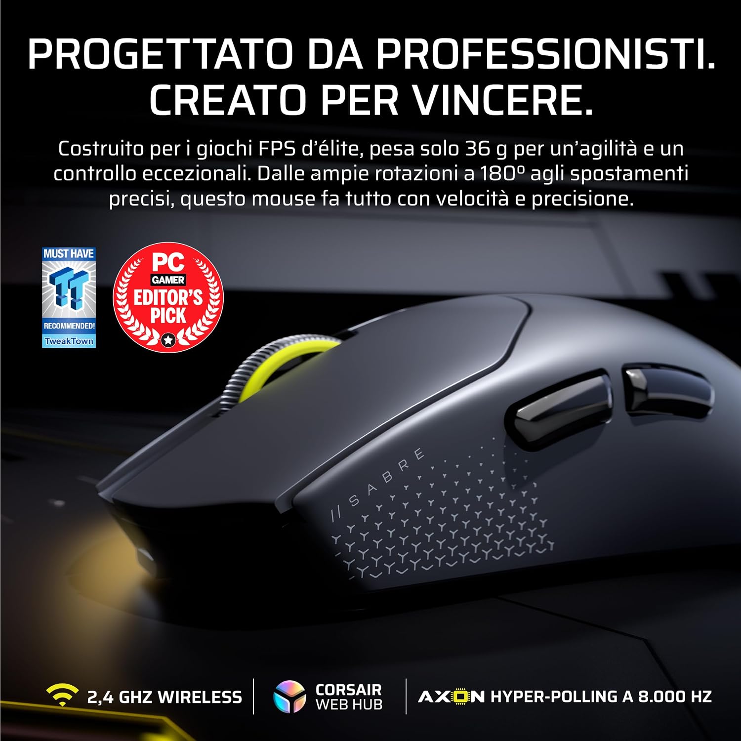 Detalle 2 de Corsair SABRE v2 PRO mouse gaming wireless 36g, 33.000 DPI