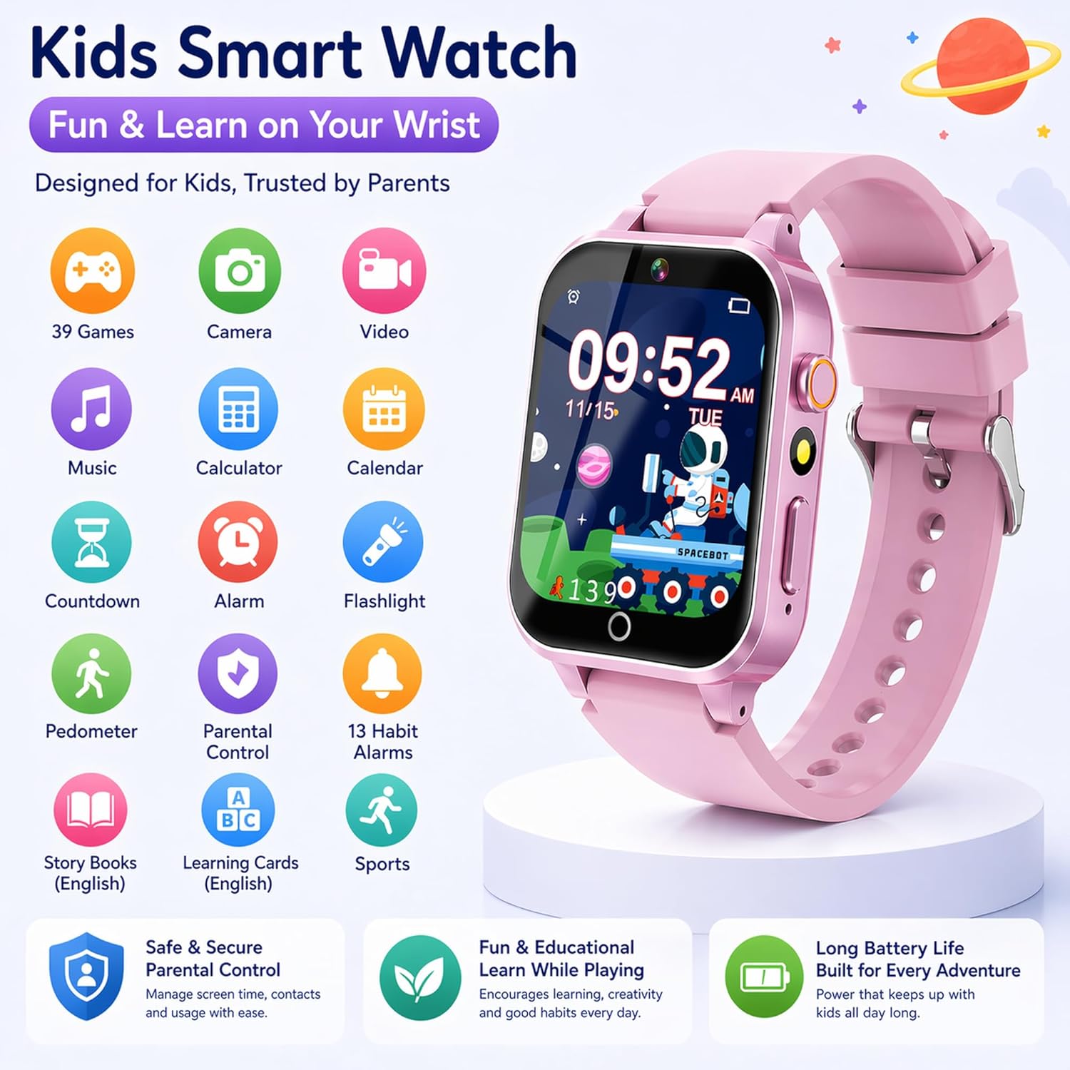 Detalle 2 de YEDASAH Montre Connectée Enfant 39 Jeux – HD Caméra, Musique MP3, Anglais et Livres Audio, Podomètre, Mode École, Réveil et Chronomètre