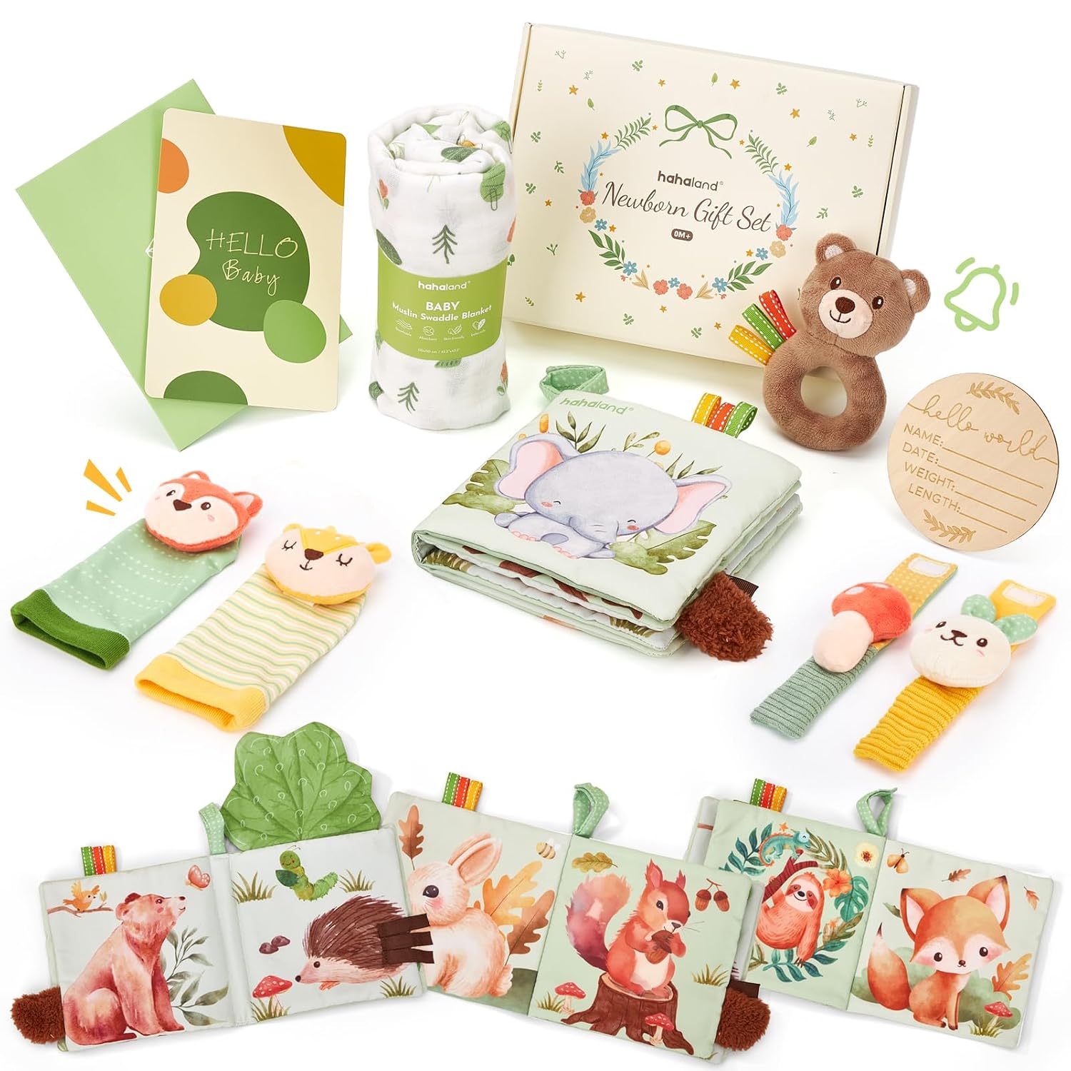 Detalle de Hahaland 9-teiliges Baby Geschenkset – Waldmotiv, Wickeltuch, Rasseln und Meilensteinkarten