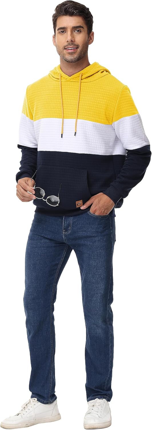 Detalle de YuKaiChen Herren Pullover Patchwork Hoodie mit Taschen – Jacquard Farbblock Langarm