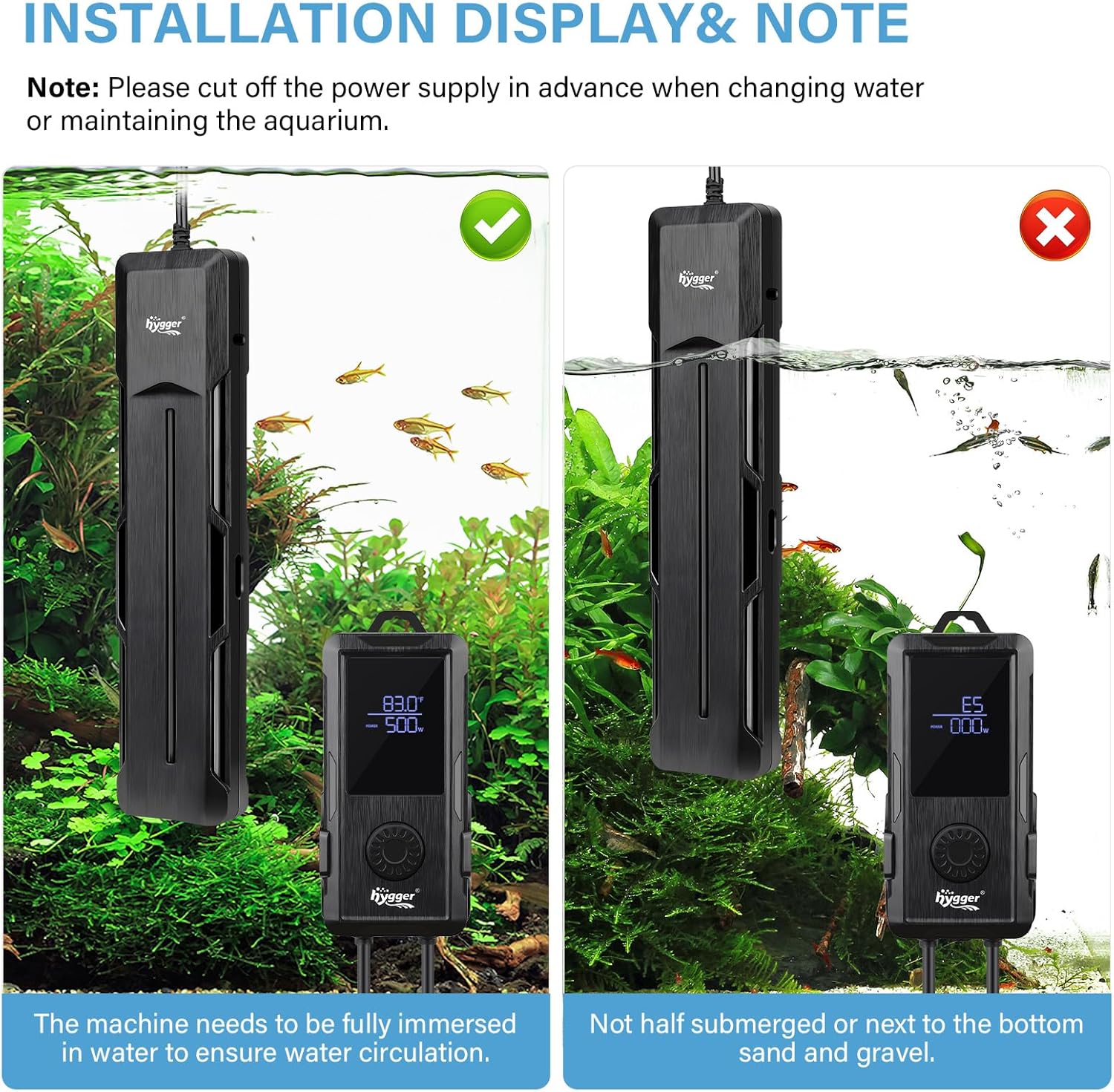 Detalle de hygger Submersible Aquarium Heater 500W digital thermostat for 220–510 L fish tanks