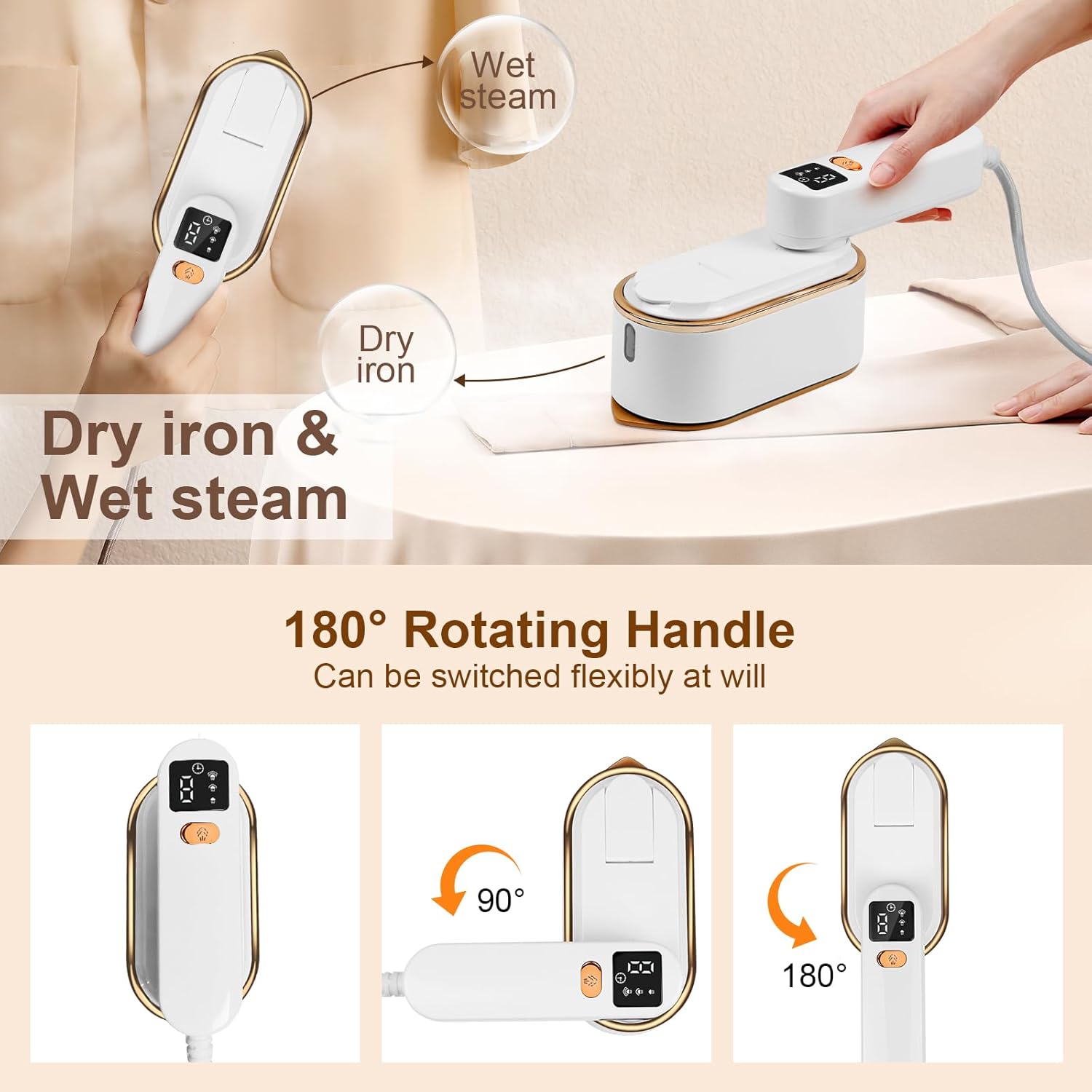 Thumbnail 3 de Travel Clothes Steamer Portable Iron with LCD Display, 3 Steam Levels & 150ml Tank (White)