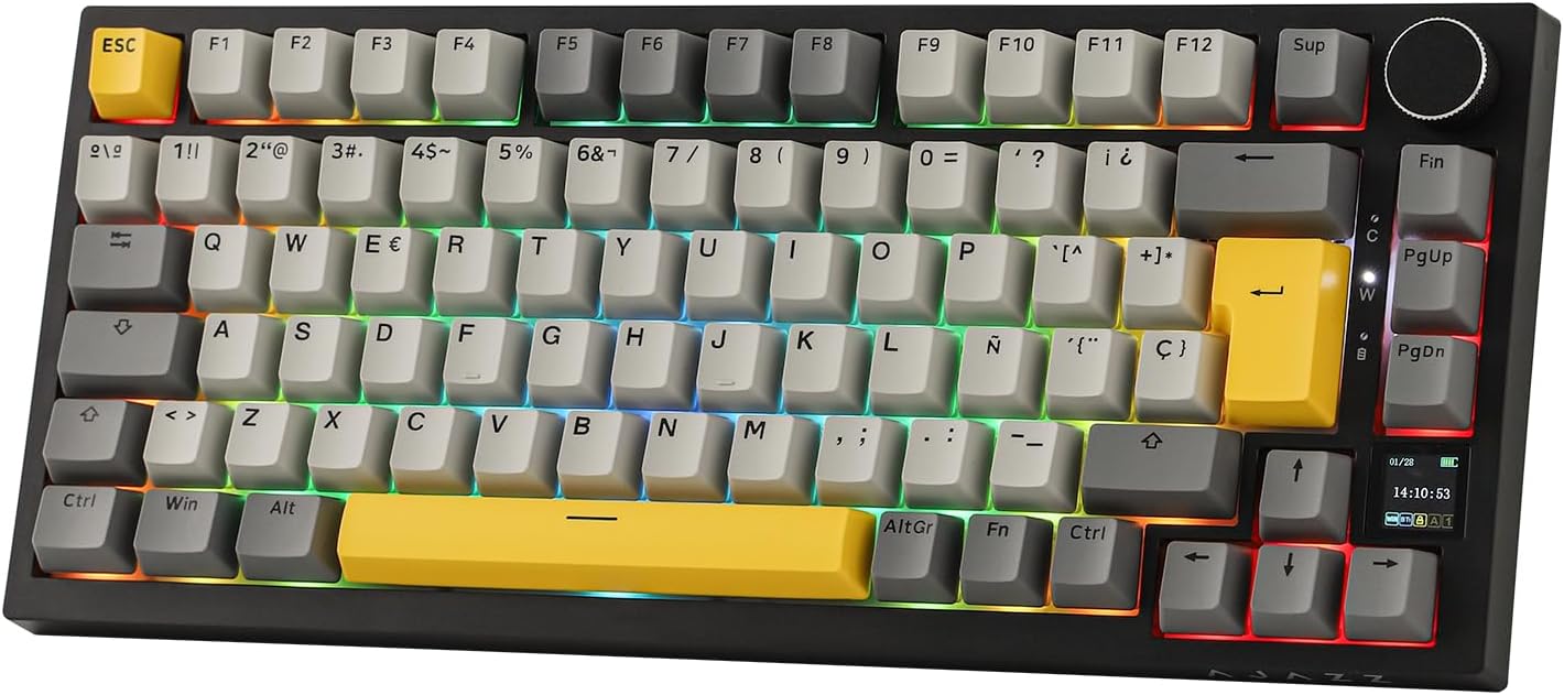 Detalle de EPOMAKER Ajazz AK820 Pro ISO-ES: Teclado Mecánico Inalámbrico 75% con Pantalla TFT, Perilla y RGB para PC/Mac