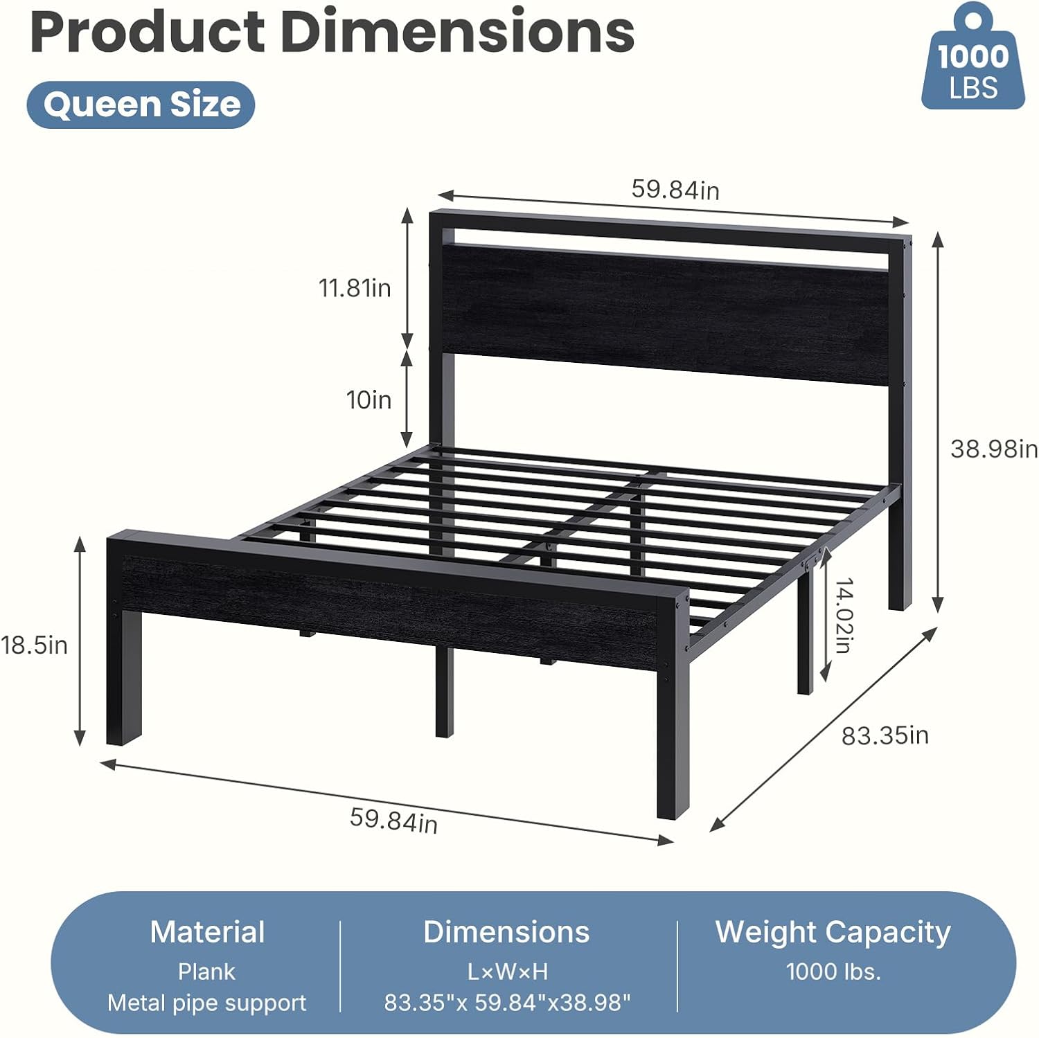 Detalle de Sweetcrispy Queen Bed Frame, 14-Inch Clearance