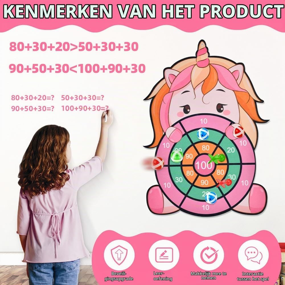 Detalle de Vicloon eenhoorn-dartbord voor kinderen met kleefballen en klittenbandpijlen
