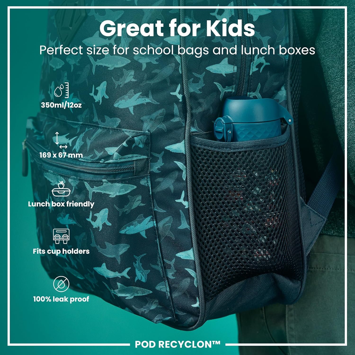 Detalle de Ion8 Small Water Bottle, Teal – Leak-Proof Kids’ Bottle with Flip Cover & Dishwasher Safe Design