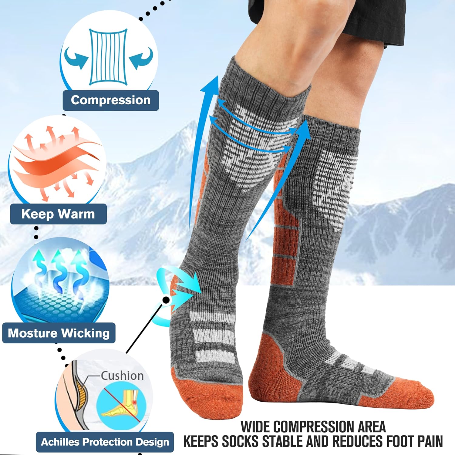Detalle de Anlisim Merino Wool Ski Socks, 3 Pairs, Knee-High with Cushioning
