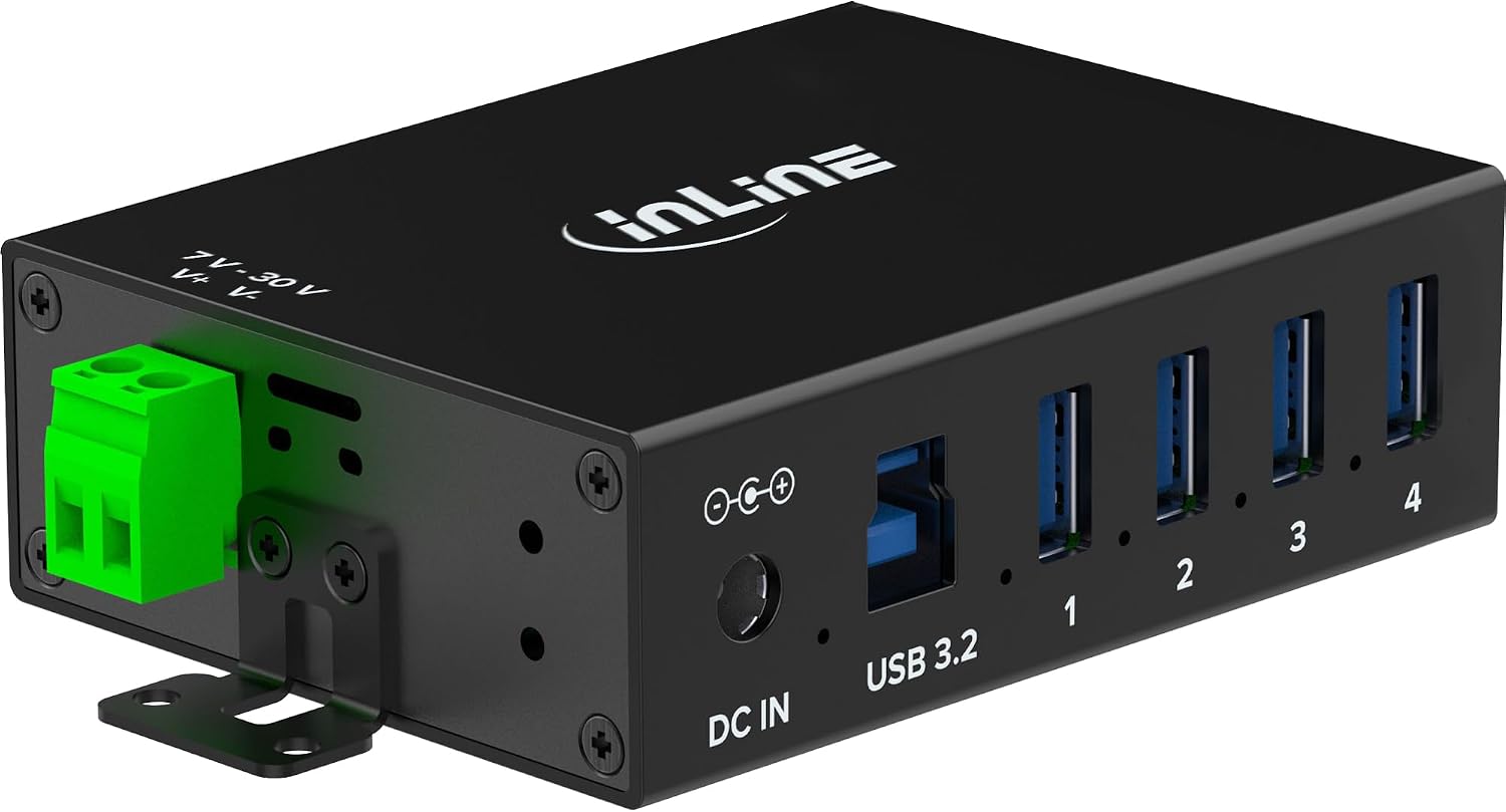 Detalle 1 de InLine 35396A – przemysłowy koncentrator USB 3.2 Gen.1, 4 porty, obudowa aluminiowa
