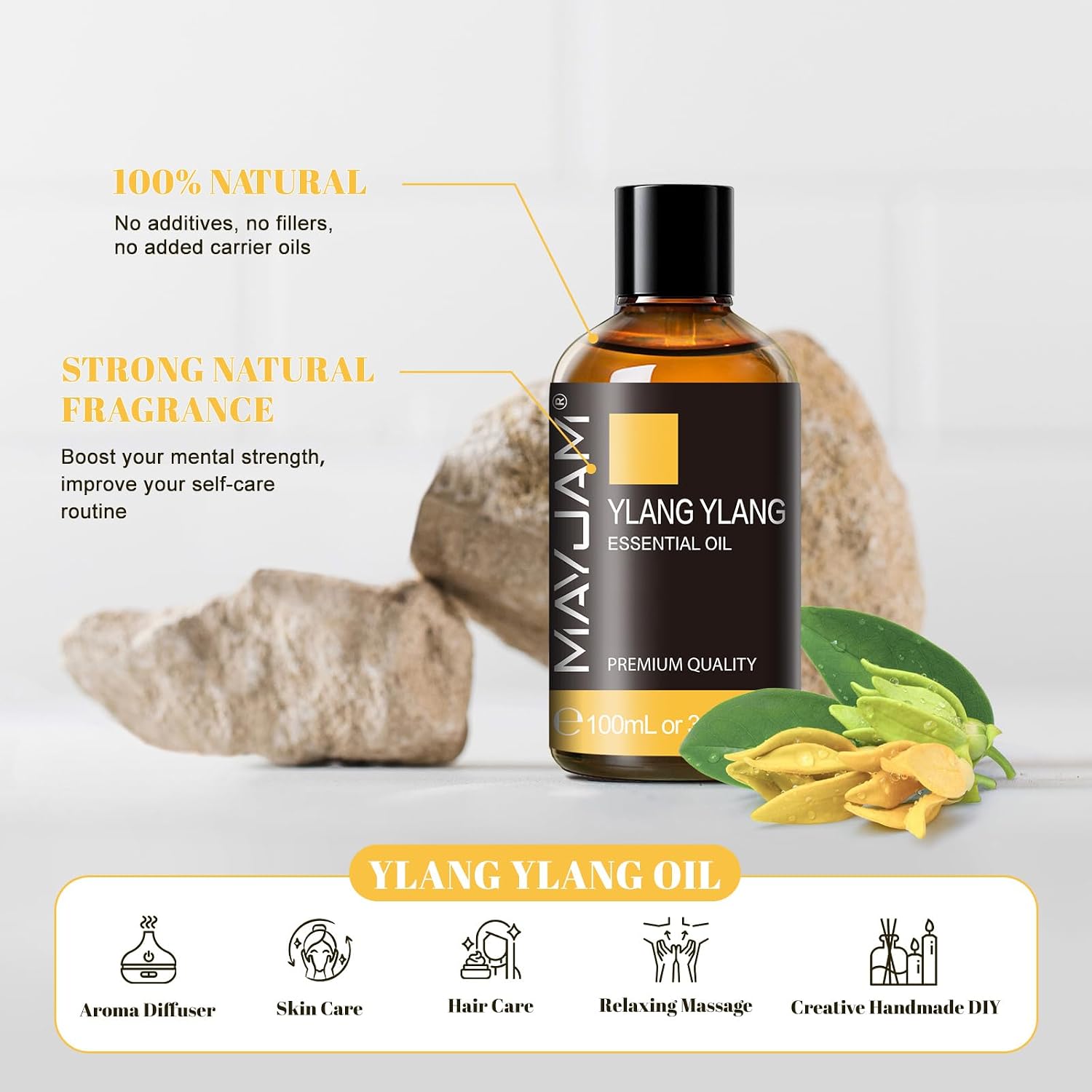 Detalle 2 de Huile essentielle Ylang Ylang 100 % pure 100 ml MAYJAM, idéale pour l’aromathérapie, la peau et le massage