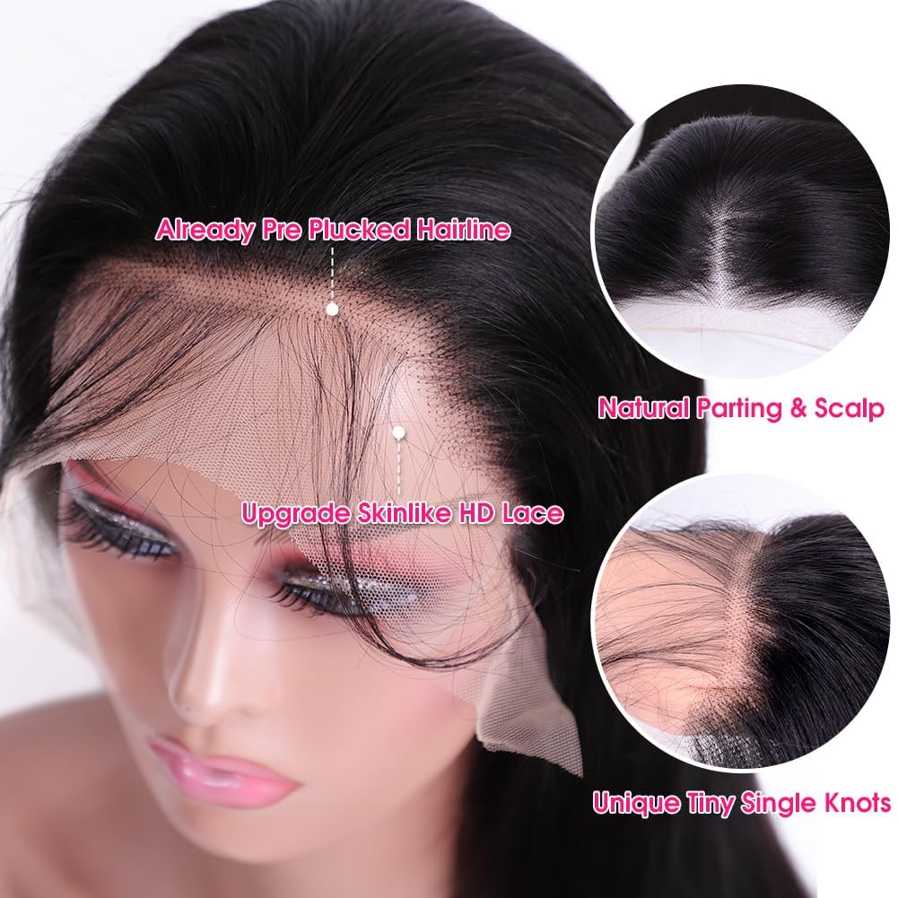 Detalle de annione 30 Inch 13x6 Lace Front Human Hair Wig (200% Density) – Body Wave, Transparent HD Lace, Pre-Plucked