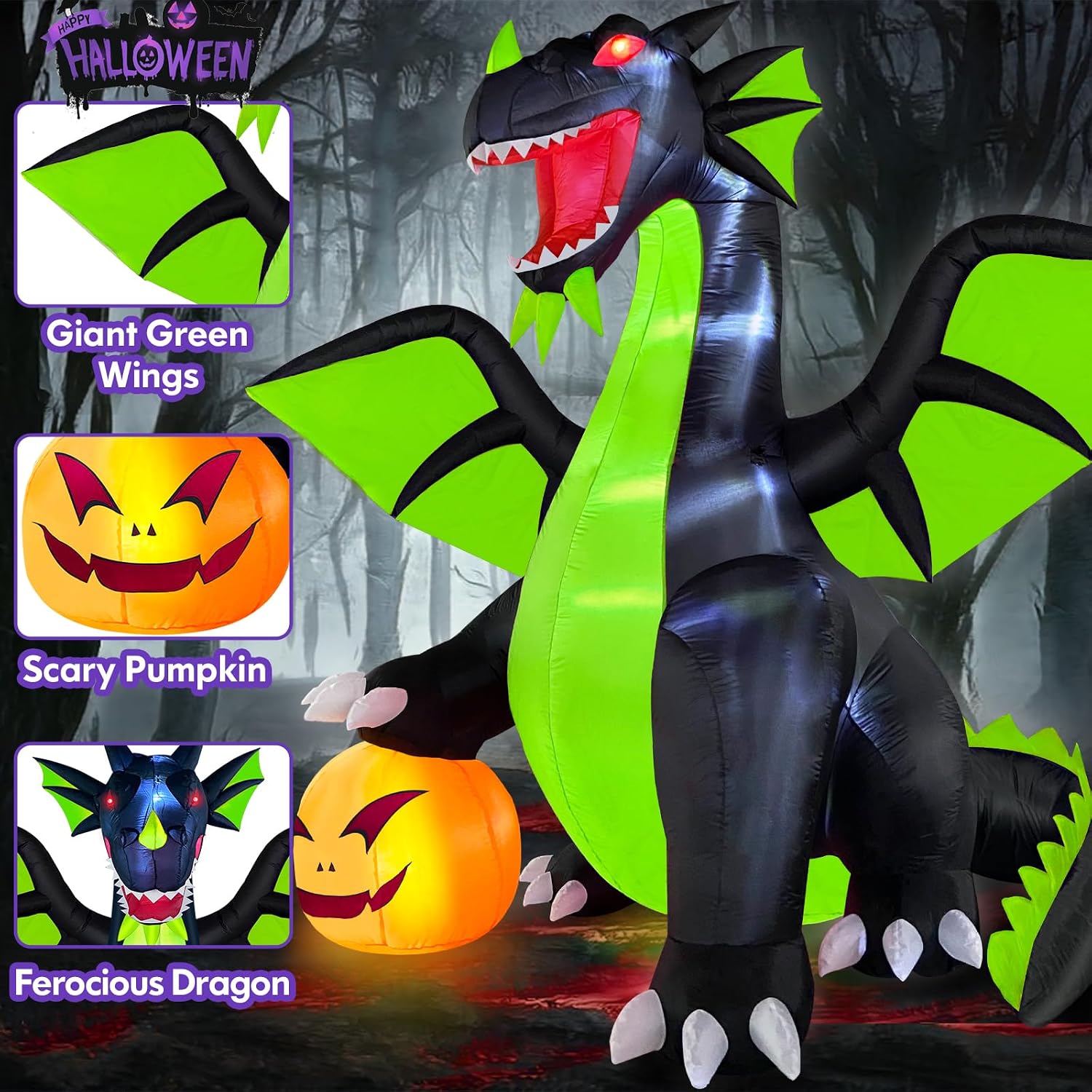 Detalle de Danxilu 9FT Halloween Inflatable Dragon and Pumpkin with Built-In LED Lights