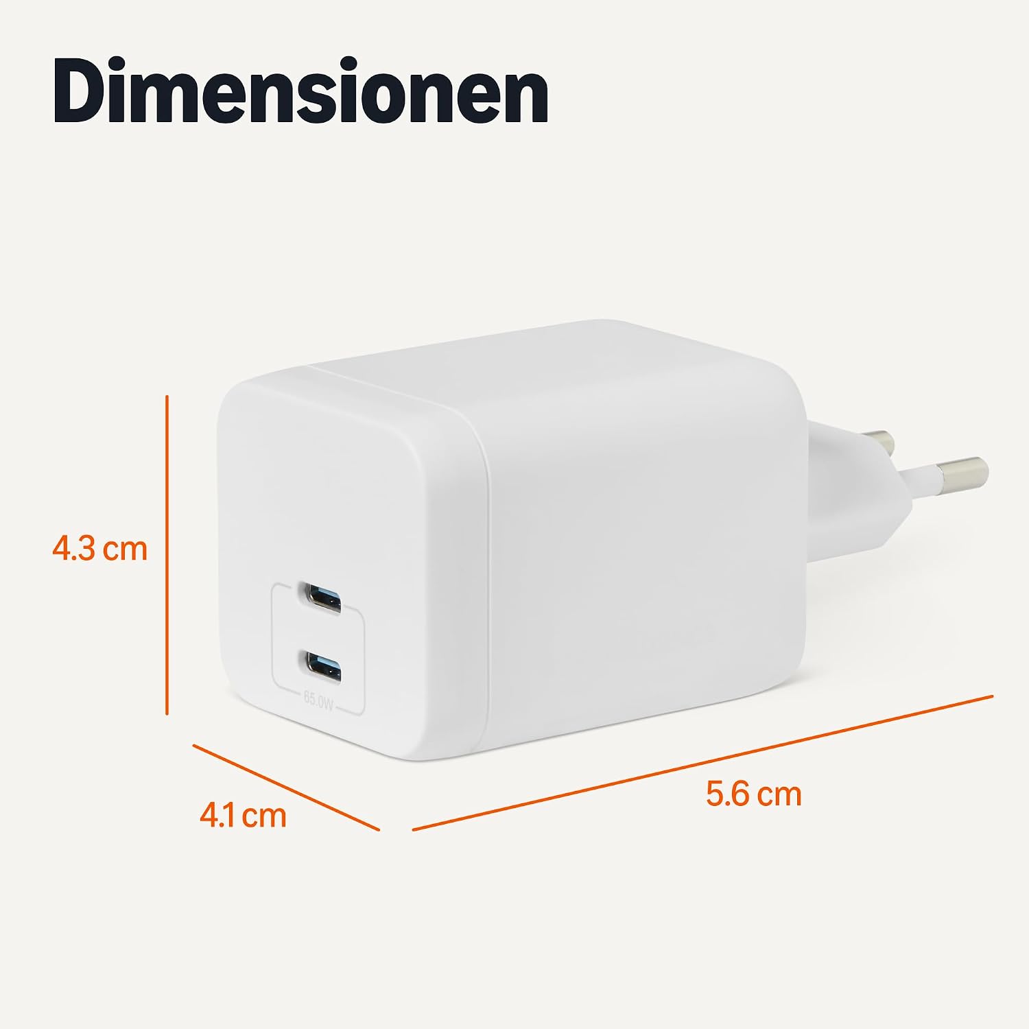 Detalle de Amazon Basics USB-C-Wandladegerät mit Nano-GaN-Technologie und Schnellladen (65 W, 2 Anschlüsse, weiß)