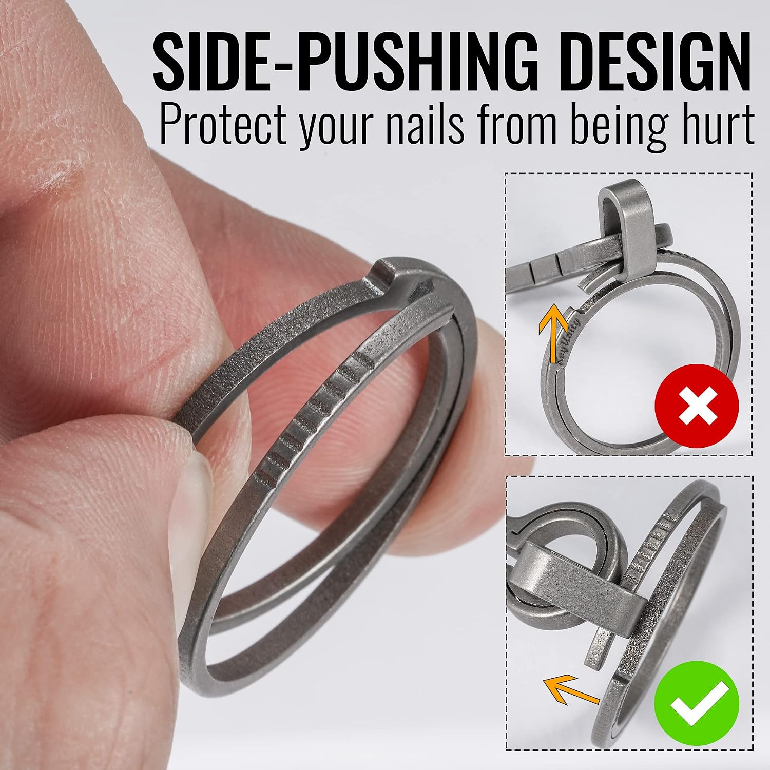 Detalle de KeyUnity titanium flat key rings with side-push quick release for key carabiner (S/M/L variants)