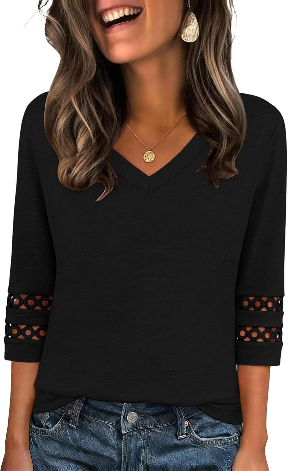 Detalle de Zeagoo Camicia Donna Elegante con Maniche 3/4 — Scollo a V, Tunica Estiva ampia